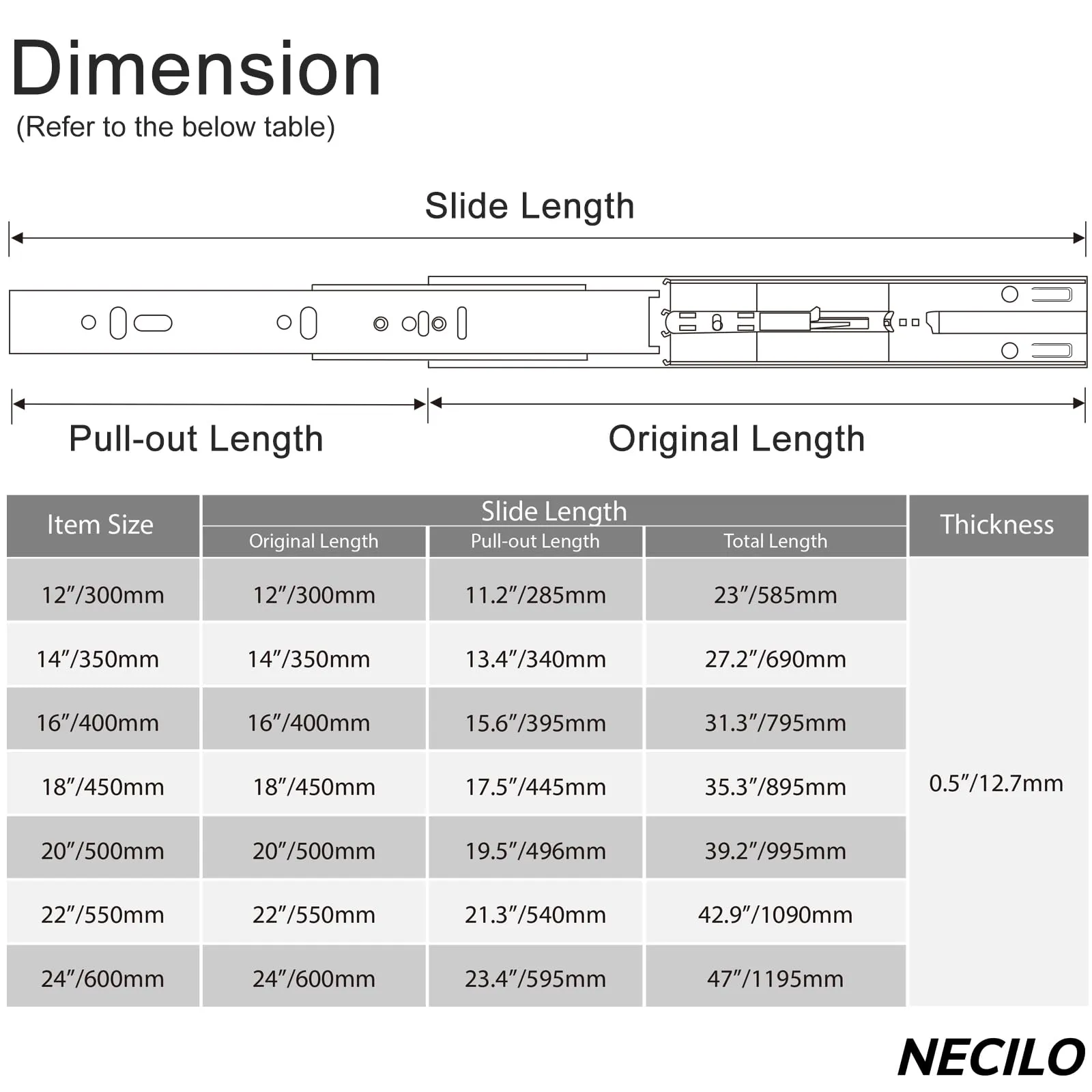 NECILO Guide Push-to-Open per Cassetti in Acciaio Inox, 600 mm, Estrazione Totale - immagine 3
