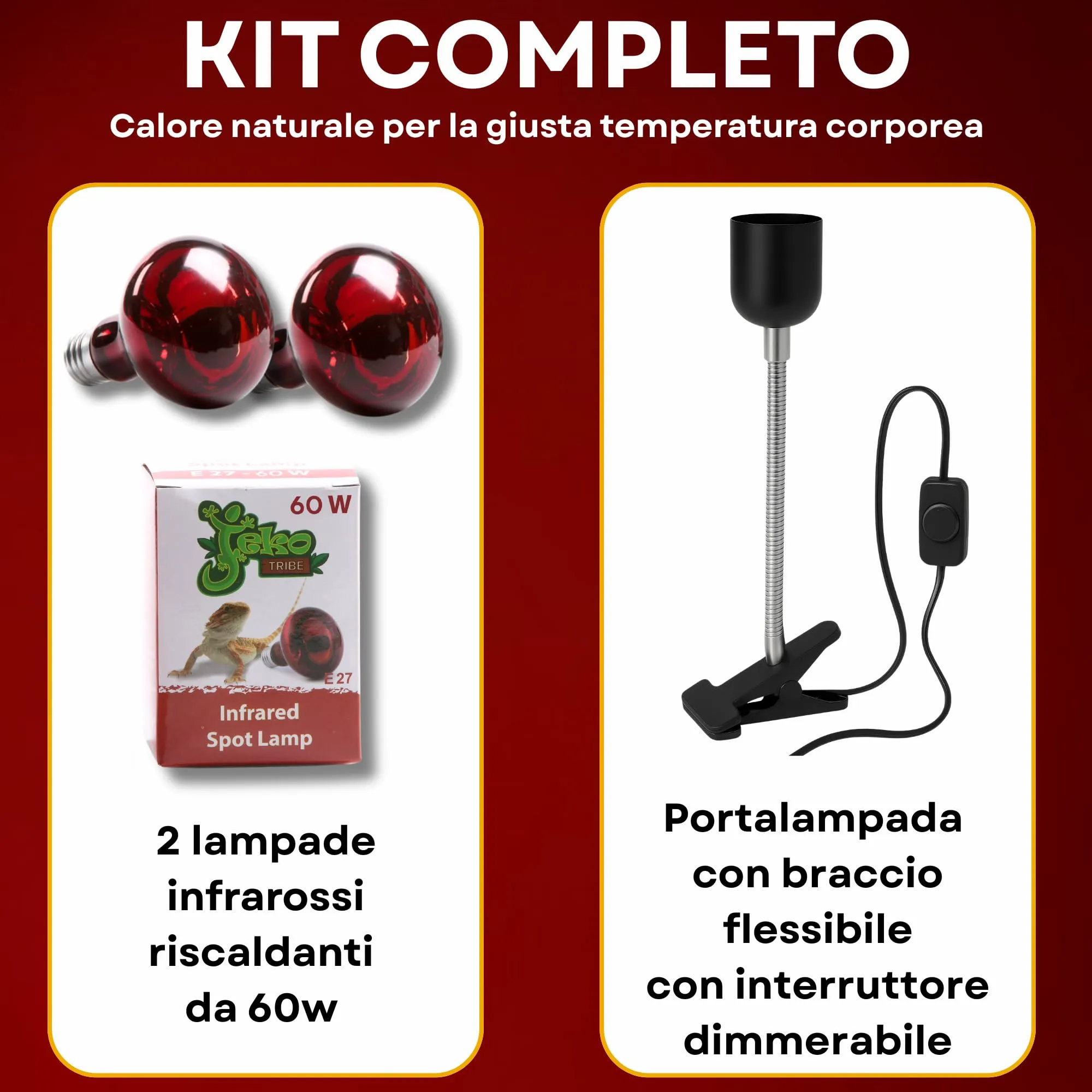 Jeko Tribe Kit 2 Lampade Infrarossi Riscaldanti 60W con Portalampada E27, Pinza e Interruttore per Rettili e Piccoli Animali - immagine 2