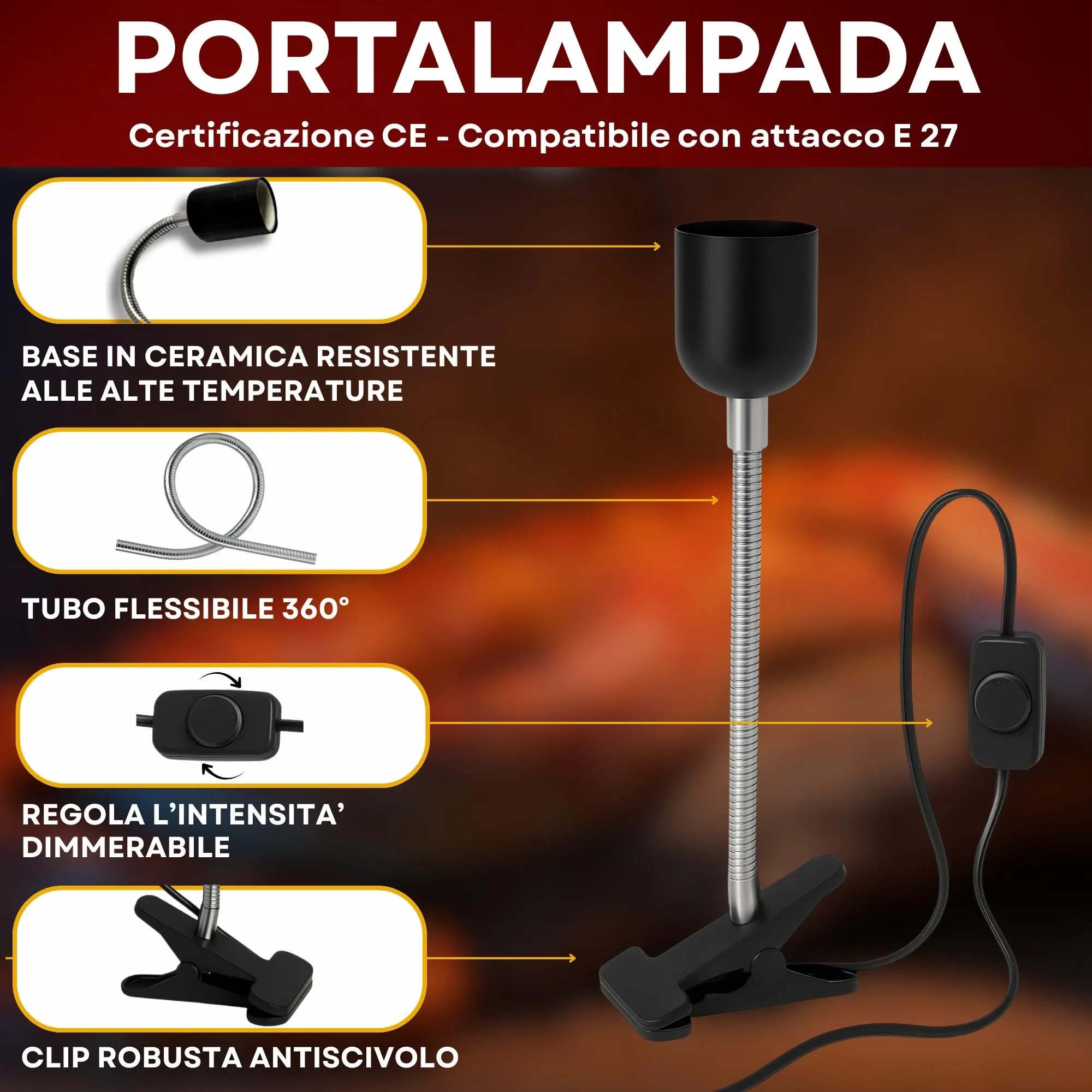 Jeko Tribe Kit 2 Lampade Infrarossi Riscaldanti 60W con Portalampada E27, Pinza e Interruttore per Rettili e Piccoli Animali - immagine 3