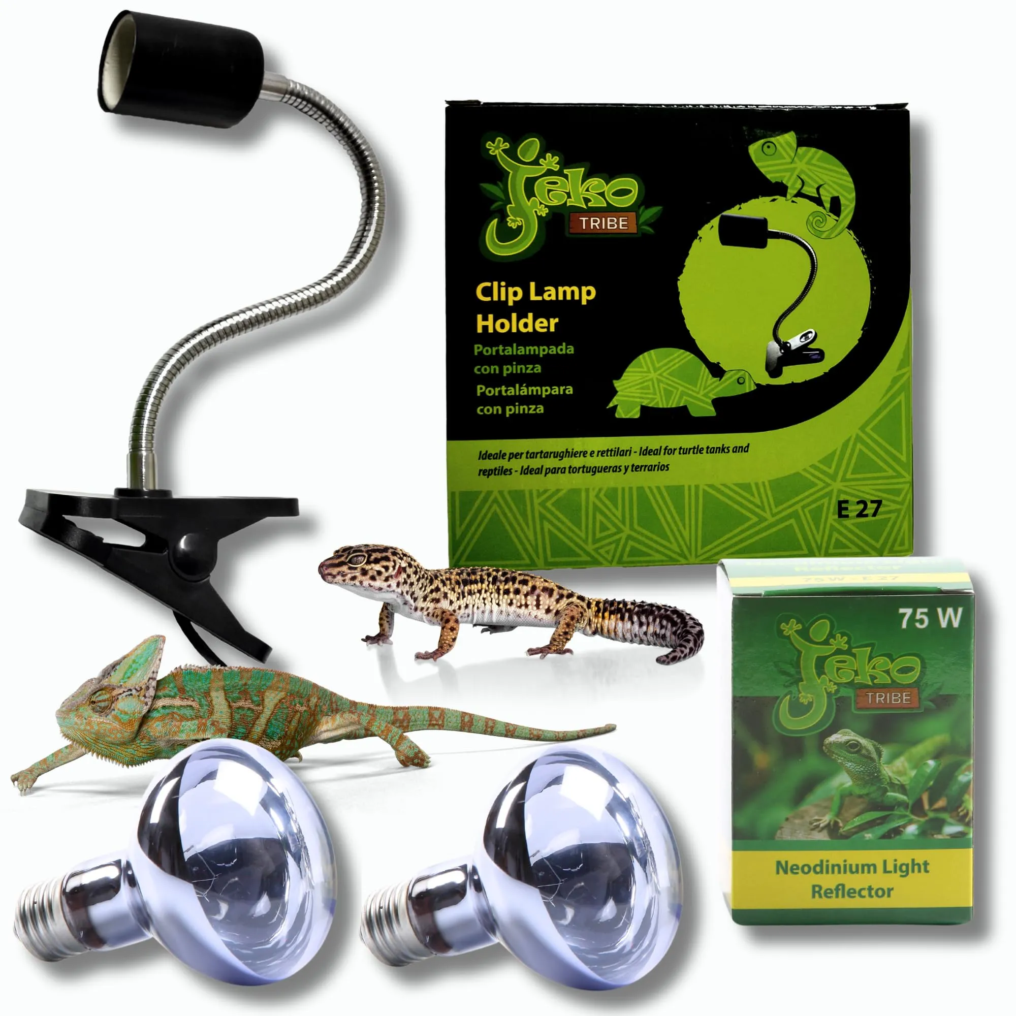 JEKO TRIBE Kit Lampada al Neodimio 75W (2 Pezzi) con Portalampada E27 Dimmerabile e Pinza per Rettili e Piccoli Animali - immagine 1