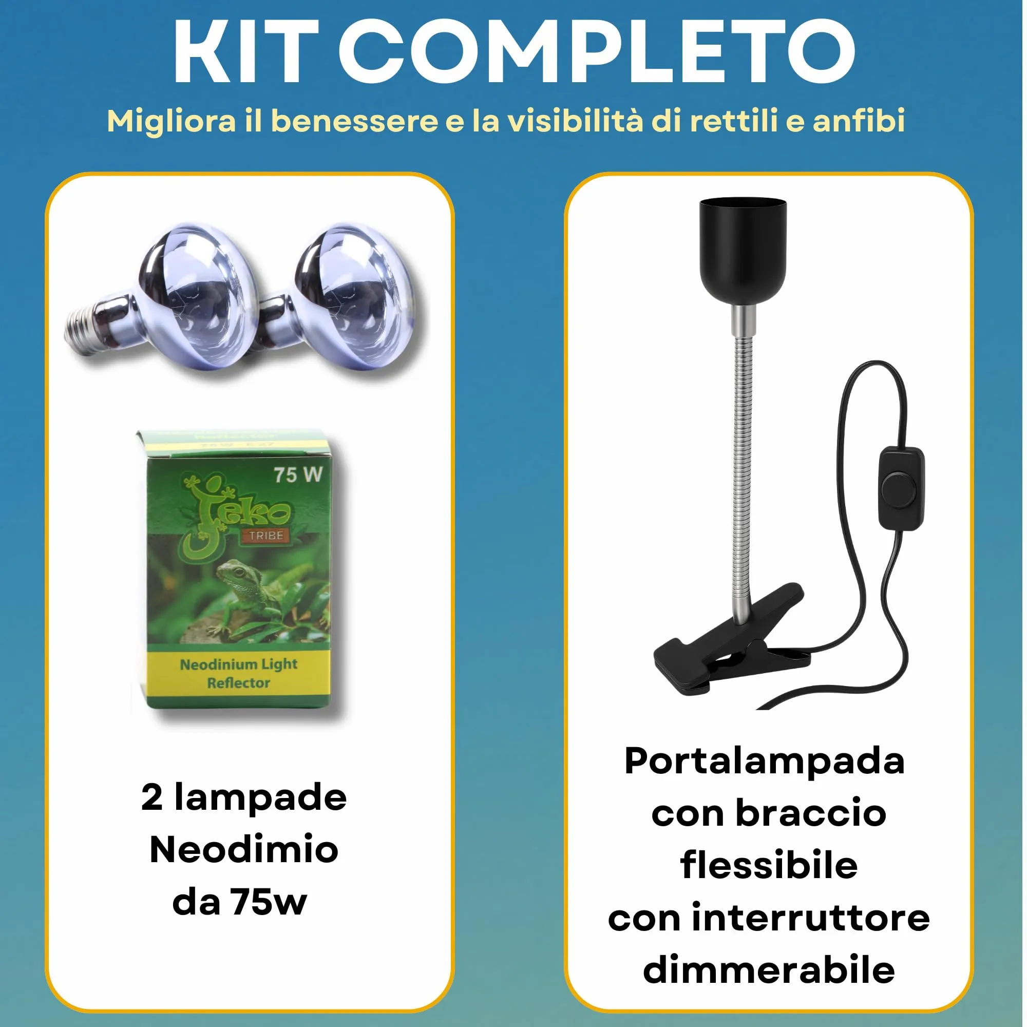 JEKO TRIBE Kit Lampada al Neodimio 75W (2 Pezzi) con Portalampada E27 Dimmerabile e Pinza per Rettili e Piccoli Animali - immagine 2