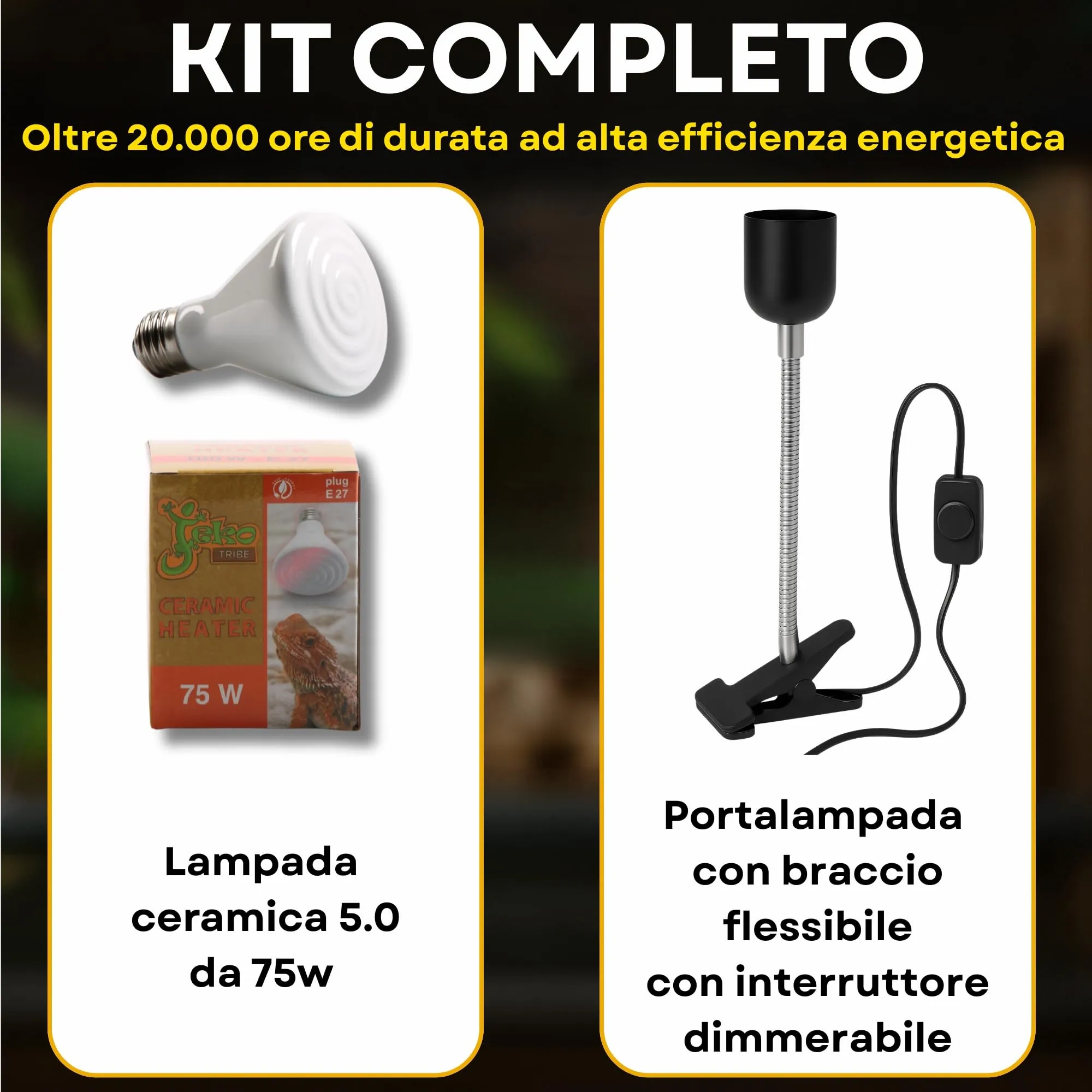 JEKO TRIBE Lampada Riscaldante in Ceramica 75W con Portalampada a Pinza e Interruttore per Terrari - immagine 2