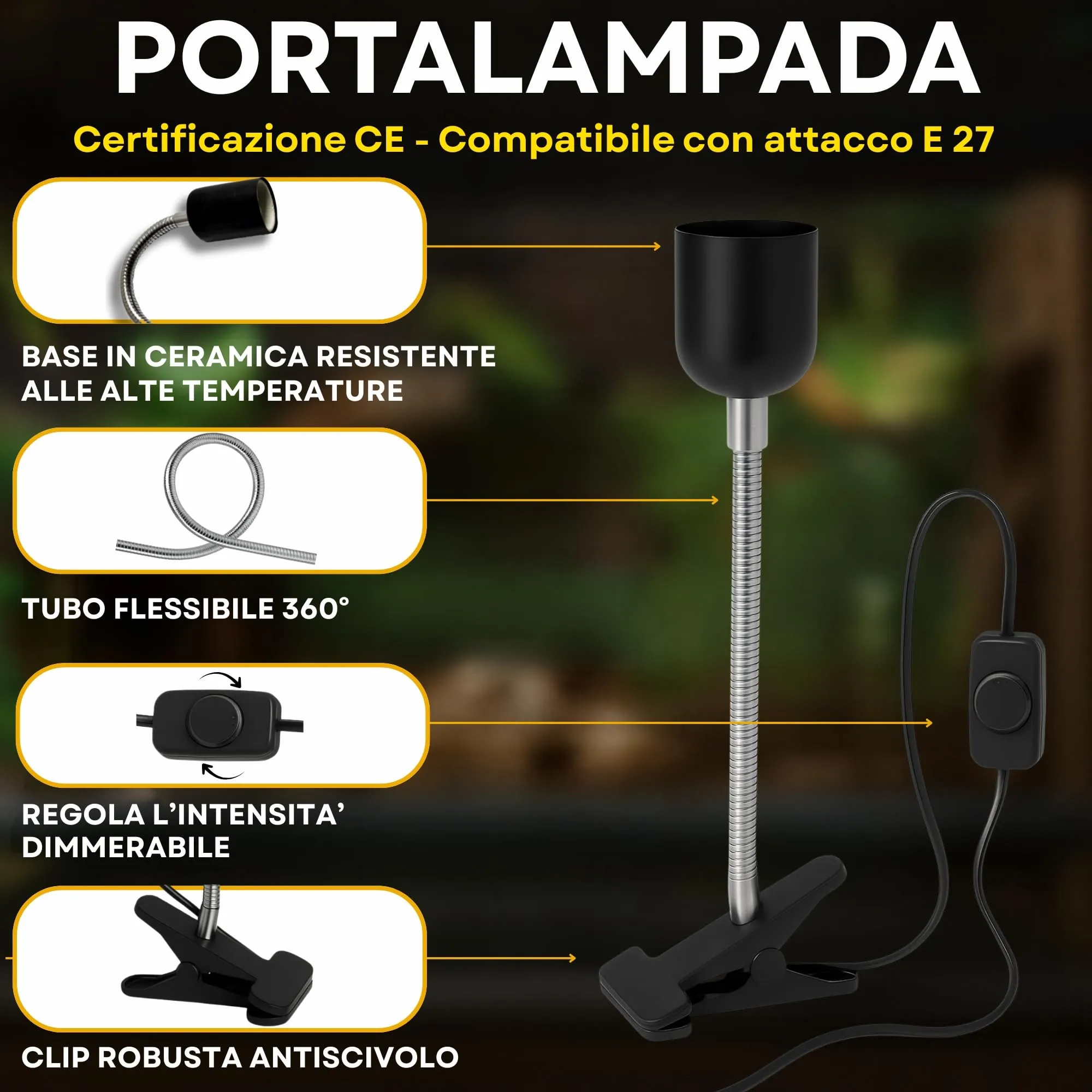 JEKO TRIBE Lampada Riscaldante in Ceramica 75W con Portalampada a Pinza e Interruttore per Terrari - immagine 3