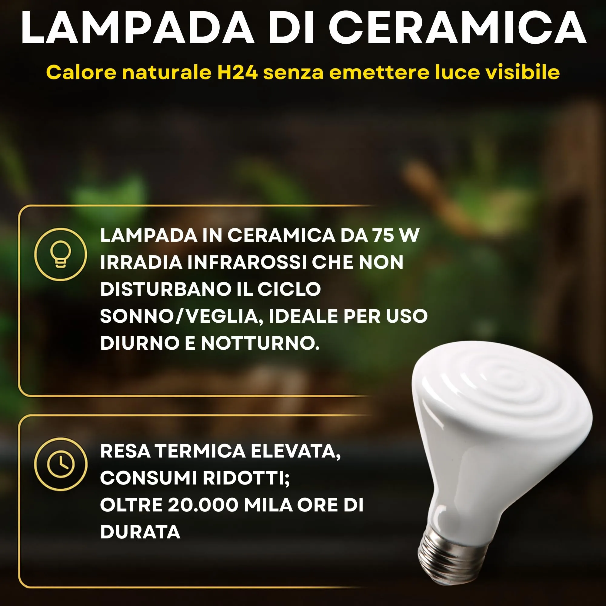 JEKO TRIBE Lampada Riscaldante in Ceramica 75W con Portalampada a Pinza e Interruttore per Terrari - immagine 4