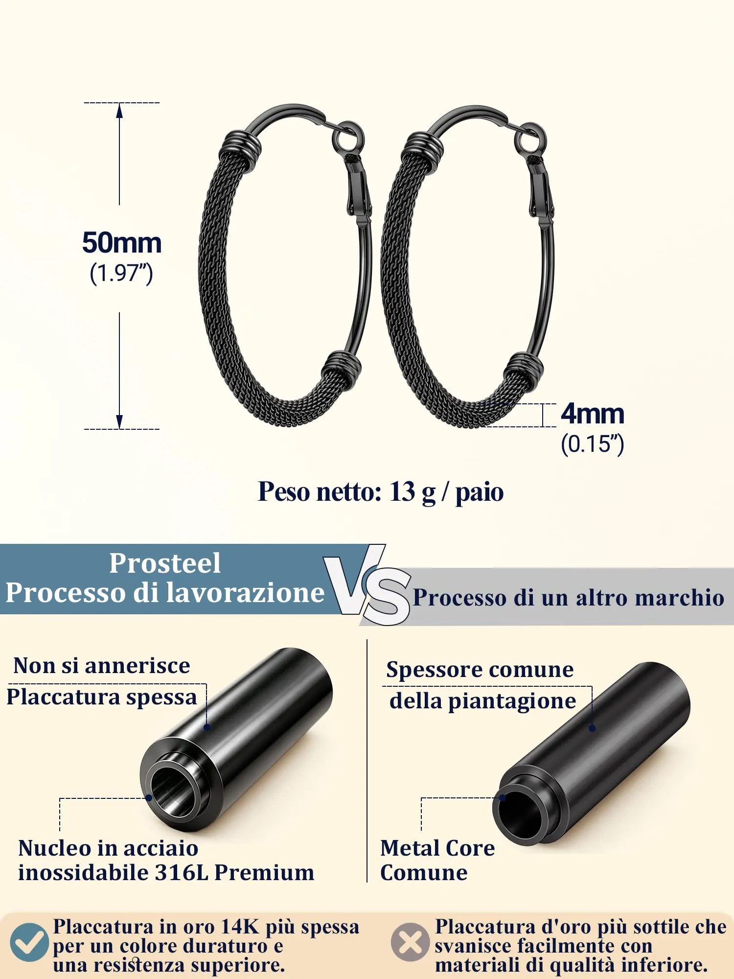 PROSTEEL Orecchini a Cerchio in Acciaio Inossidabile 50mm Nero - immagine 6