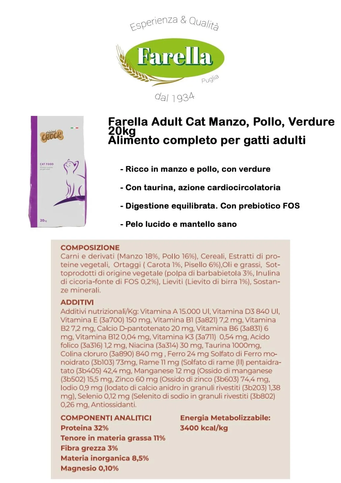 Farella Adult Cat Food Beef, Chicken, Vegetables 20kg - immagine 2