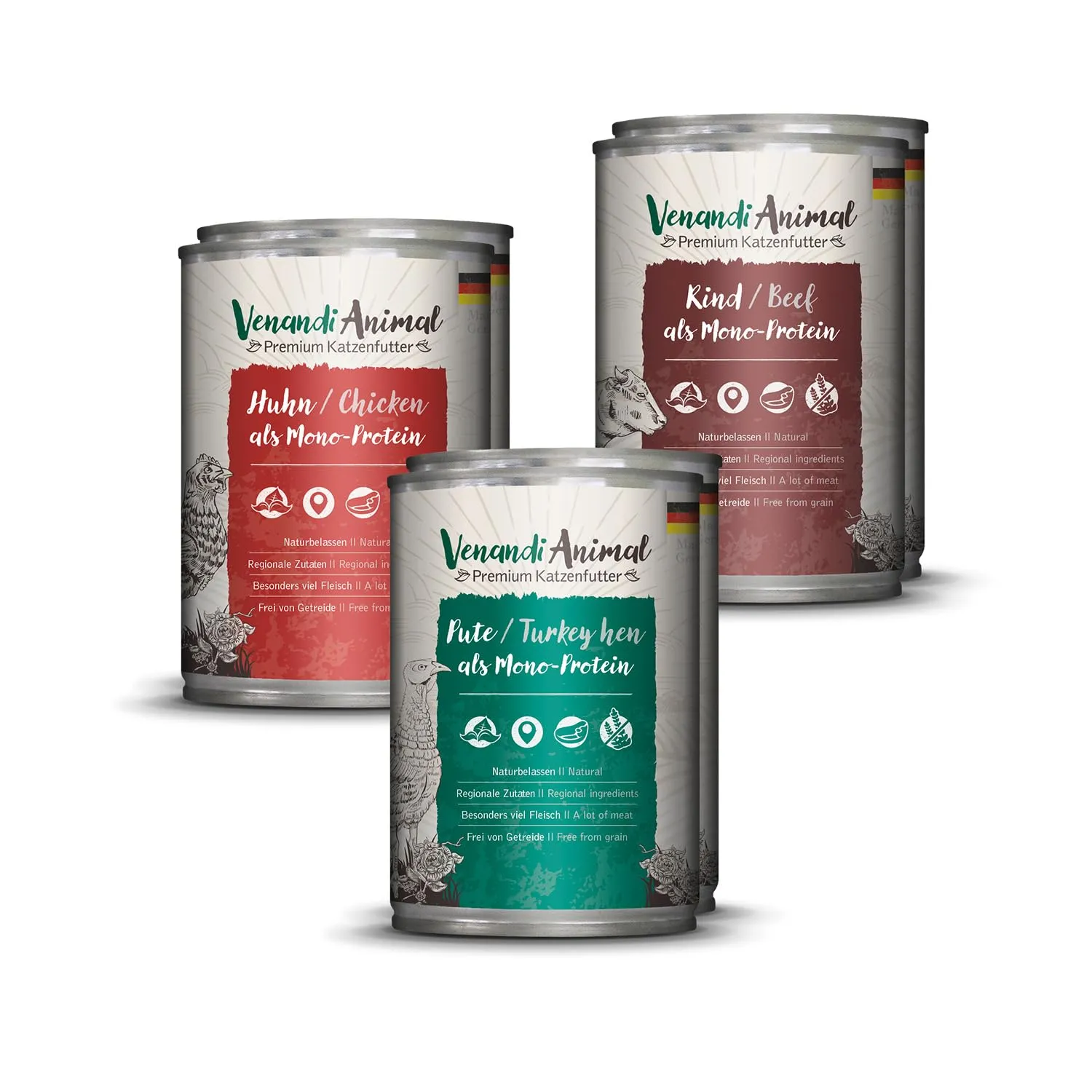 VenandiAnimal Alimento Umido per Gatti Senza Cereali, Pollo, Tacchino e Manzo, 6 x 400 g - immagine 1