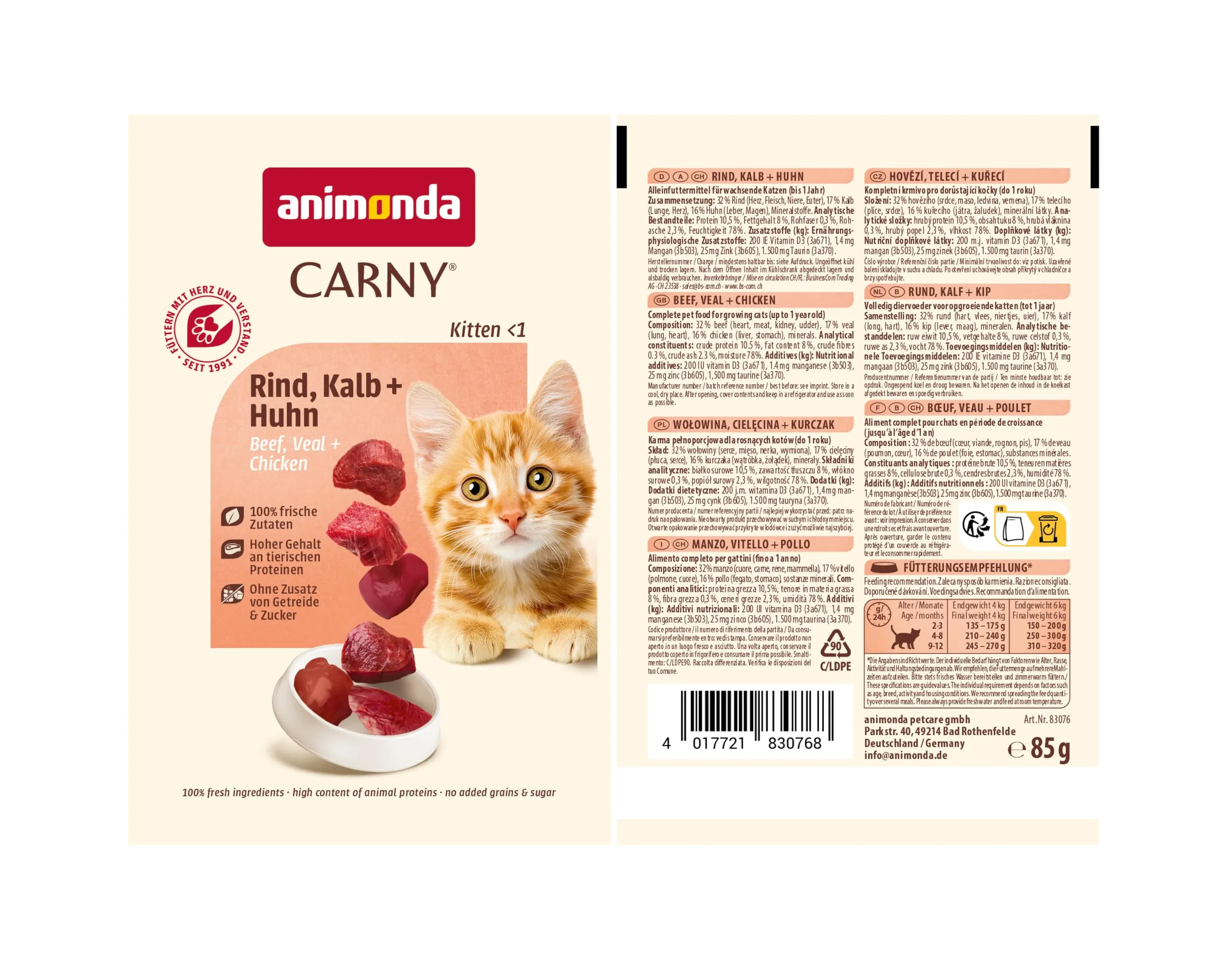 animonda Carny Kitten cibo umido per gatti Manzo, Vitello e Pollame 12 x 85 g - immagine 4