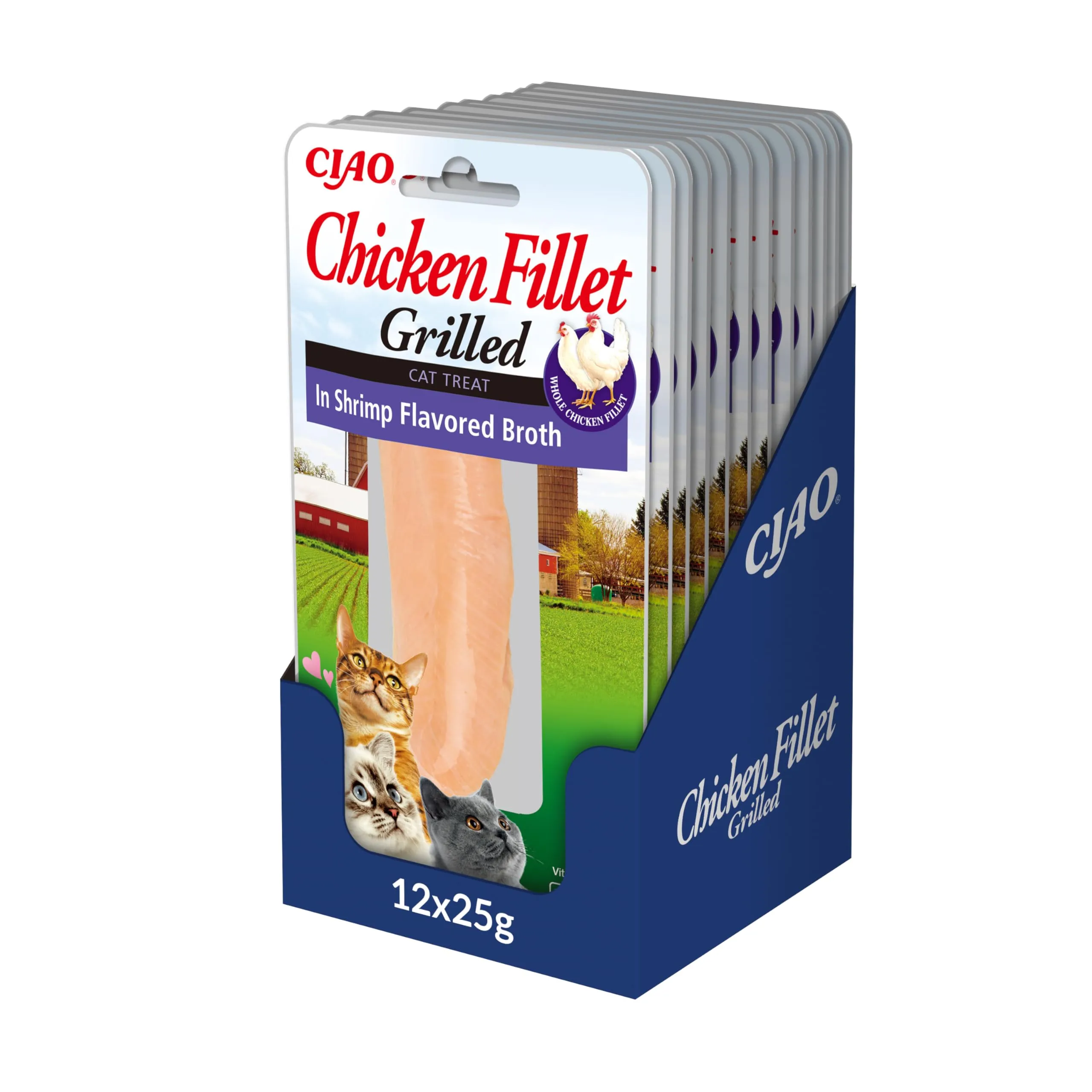 Inaba Filetti di Pollo Grigliato per Gatti in Brodo al Gusto di Gamberetti, 12 x 25g - immagine 1
