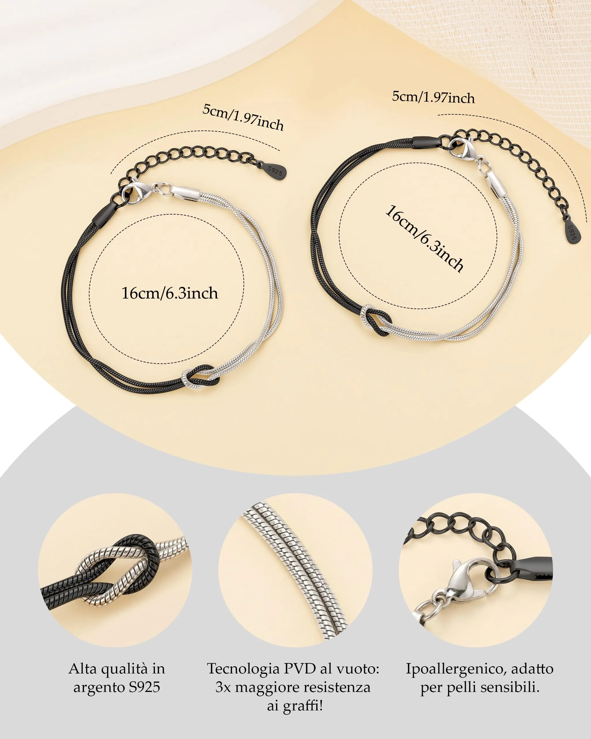 J.Fée Set 2 Bracciali Amicizia Nodo in Argento 925, Argento Nero - immagine 5