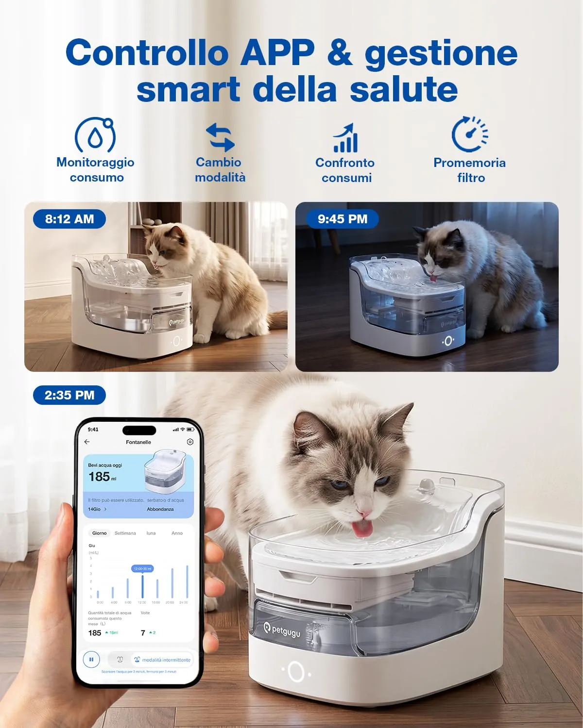 PETGUGU Fontanella per Gatti e Cani PF1, 2L, con Sensore di Movimento, Pompa Wireless e Controllo App WiFi 2.4G, Bianco - immagine 2