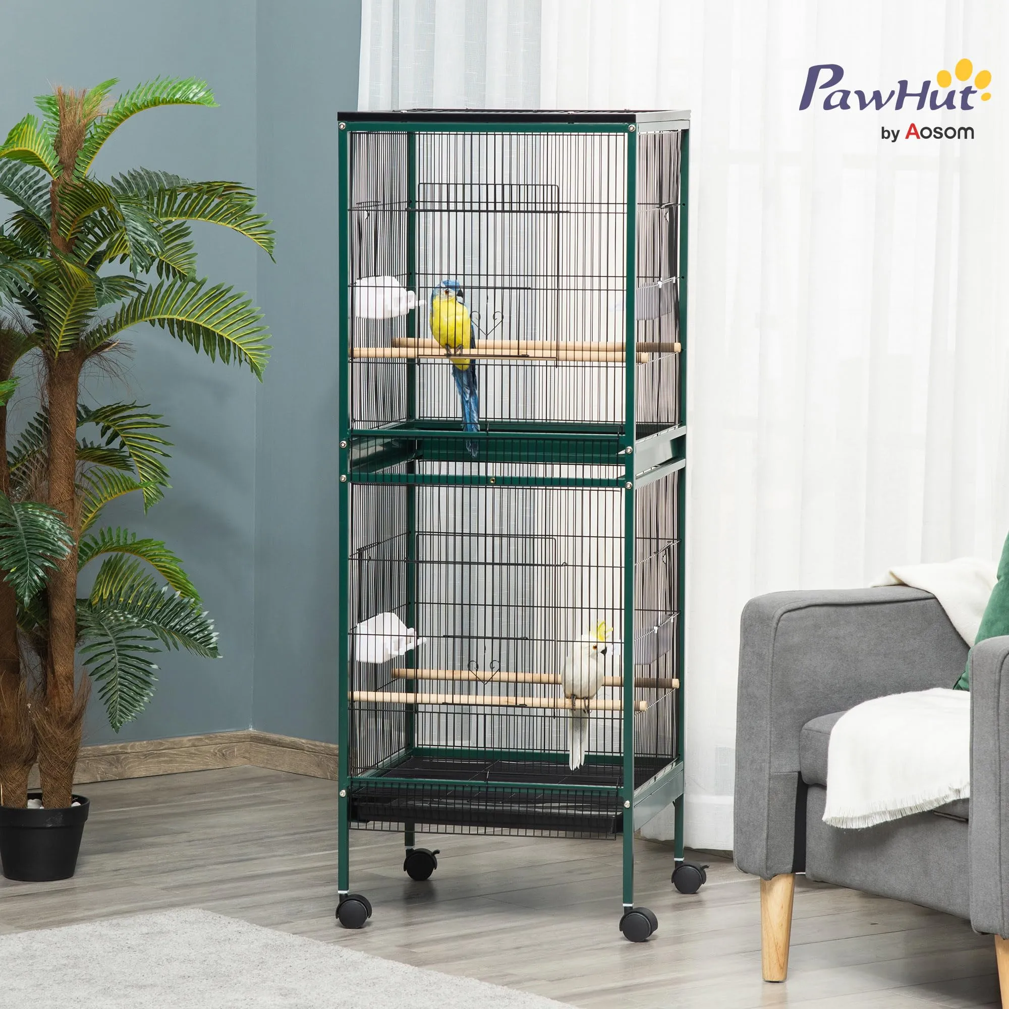 PawHut Gabbia per Uccelli 2 in 1 Voliera per Interni, Verde Scuro, 52 x 50 x 140 cm - immagine 2