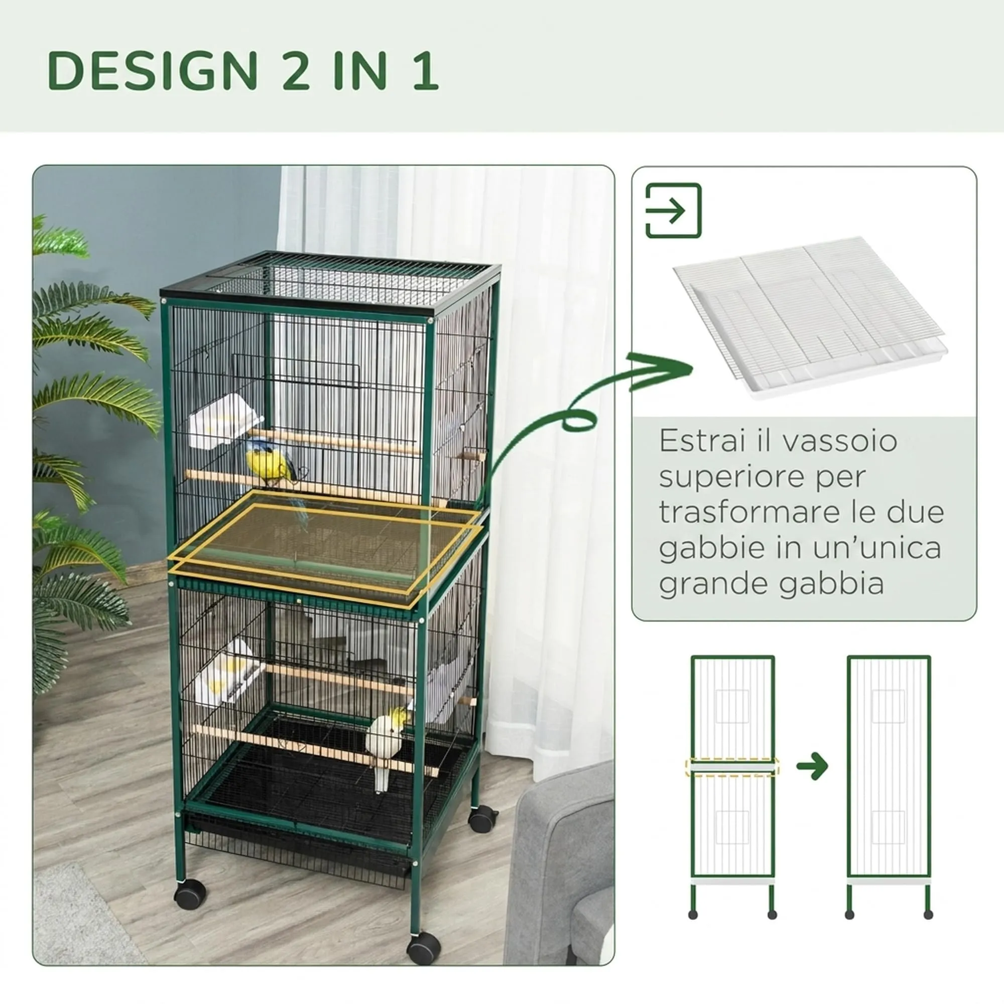 PawHut Gabbia per Uccelli 2 in 1 Voliera per Interni, Verde Scuro, 52 x 50 x 140 cm - immagine 3