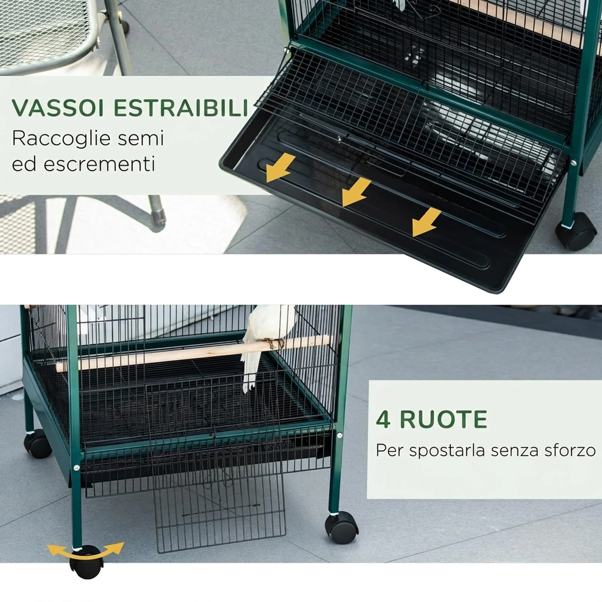 PawHut Gabbia per Uccelli 2 in 1 Voliera per Interni, Verde Scuro, 52 x 50 x 140 cm - immagine 5