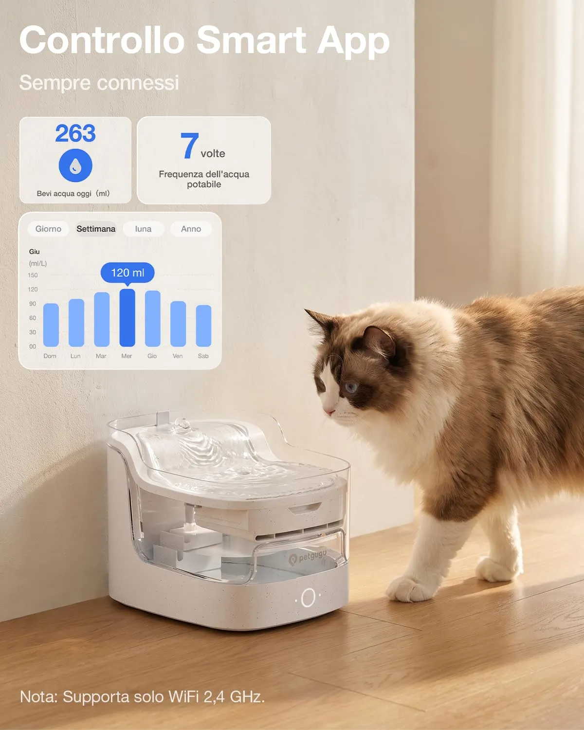 PETGUGU Fontanella per Gatti Intelligente con App e AI, PF1 Marmo, 2L, Pompa Senza Fili, Filtro a 8 Strati, Sensore di Movimento, WiFi 2.4G - immagine 2