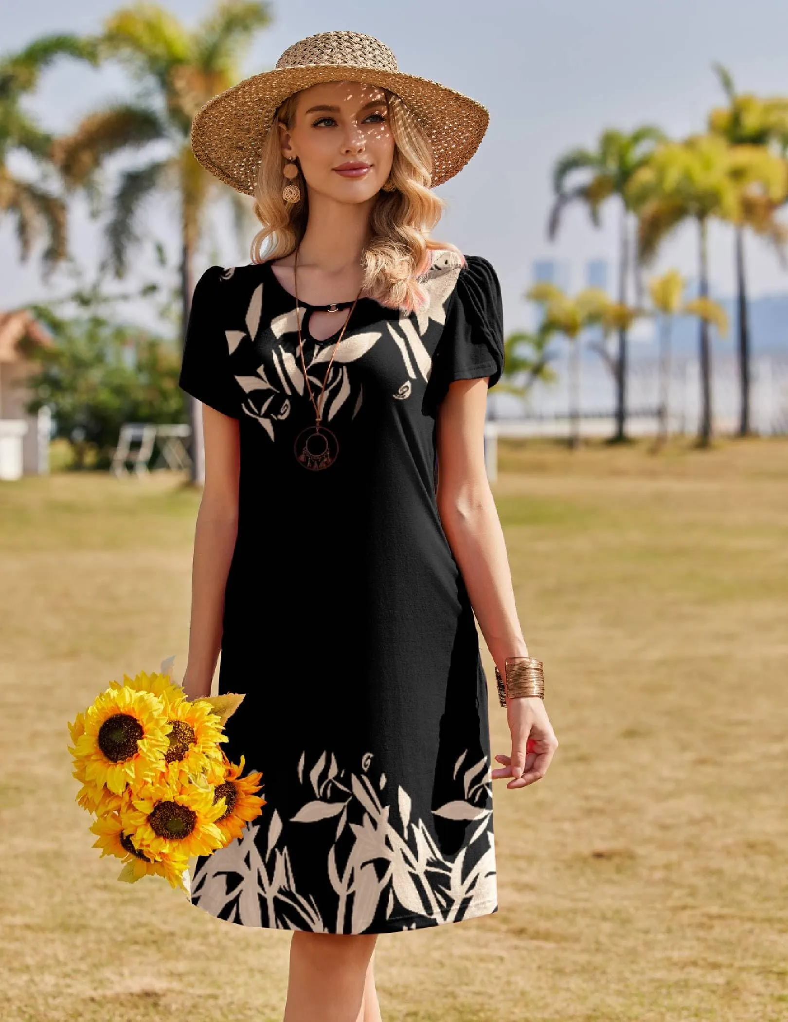 Zeagoo Abito Casual da Donna Floreale a Maniche Corte con Tasche, XL - immagine 2
