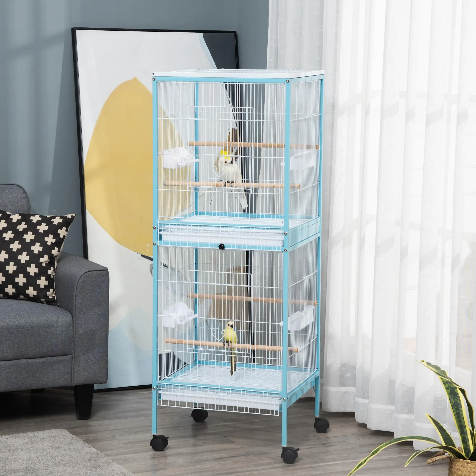 PawHut Gabbia per Uccelli 2 in 1 Voliera per Interni 51.5x50x140 cm Azzurra - immagine 2