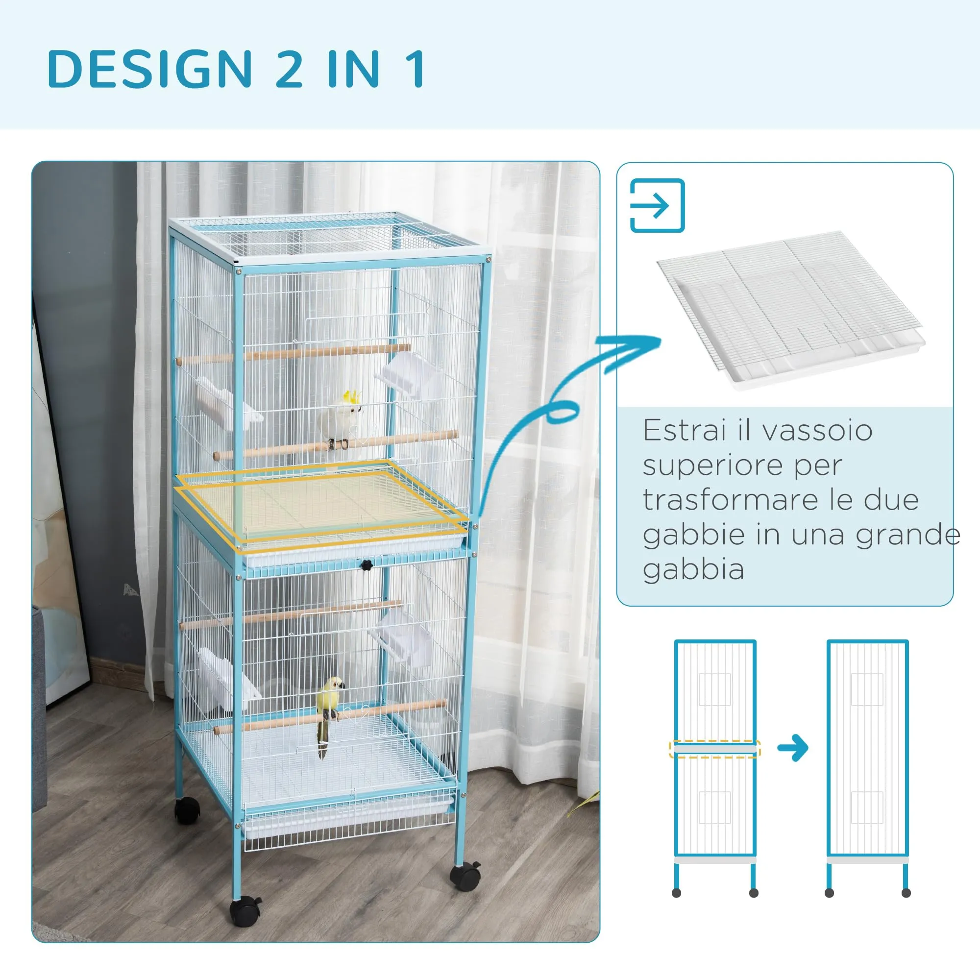 PawHut Gabbia per Uccelli 2 in 1 Voliera per Interni 51.5x50x140 cm Azzurra - immagine 3