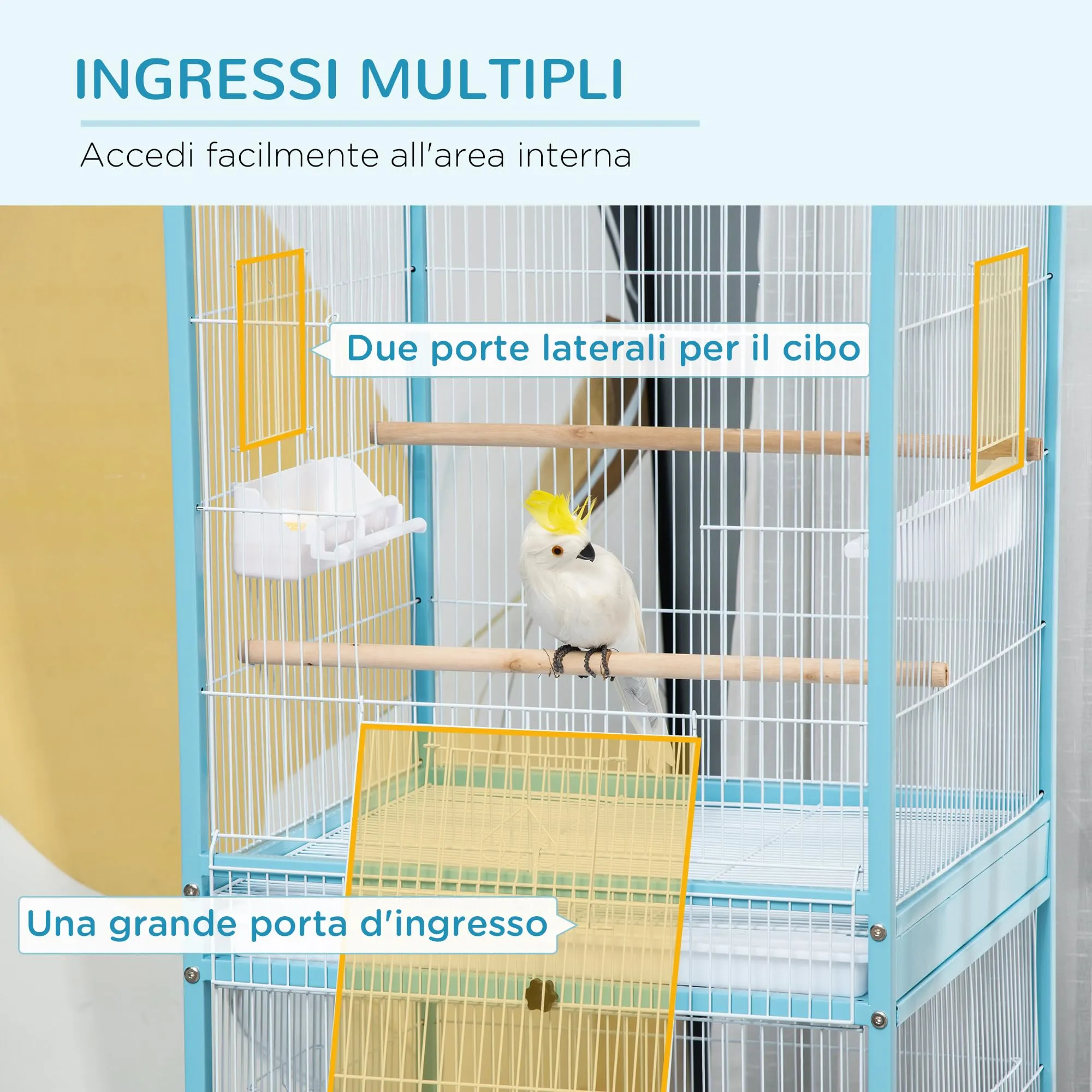 PawHut Gabbia per Uccelli 2 in 1 Voliera per Interni 51.5x50x140 cm Azzurra - immagine 4