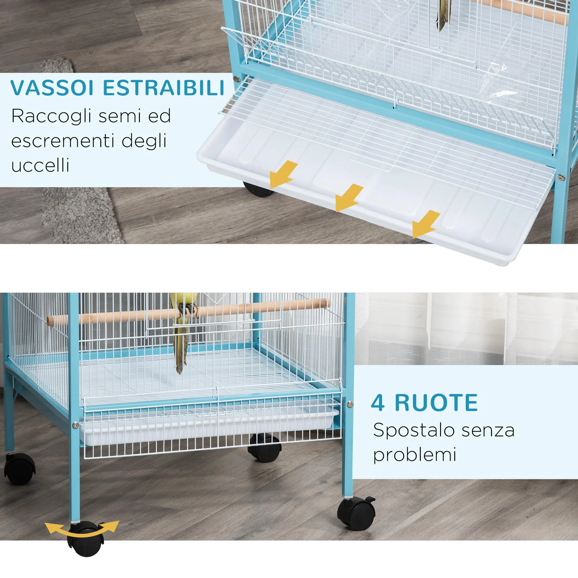 PawHut Gabbia per Uccelli 2 in 1 Voliera per Interni 51.5x50x140 cm Azzurra - immagine 5