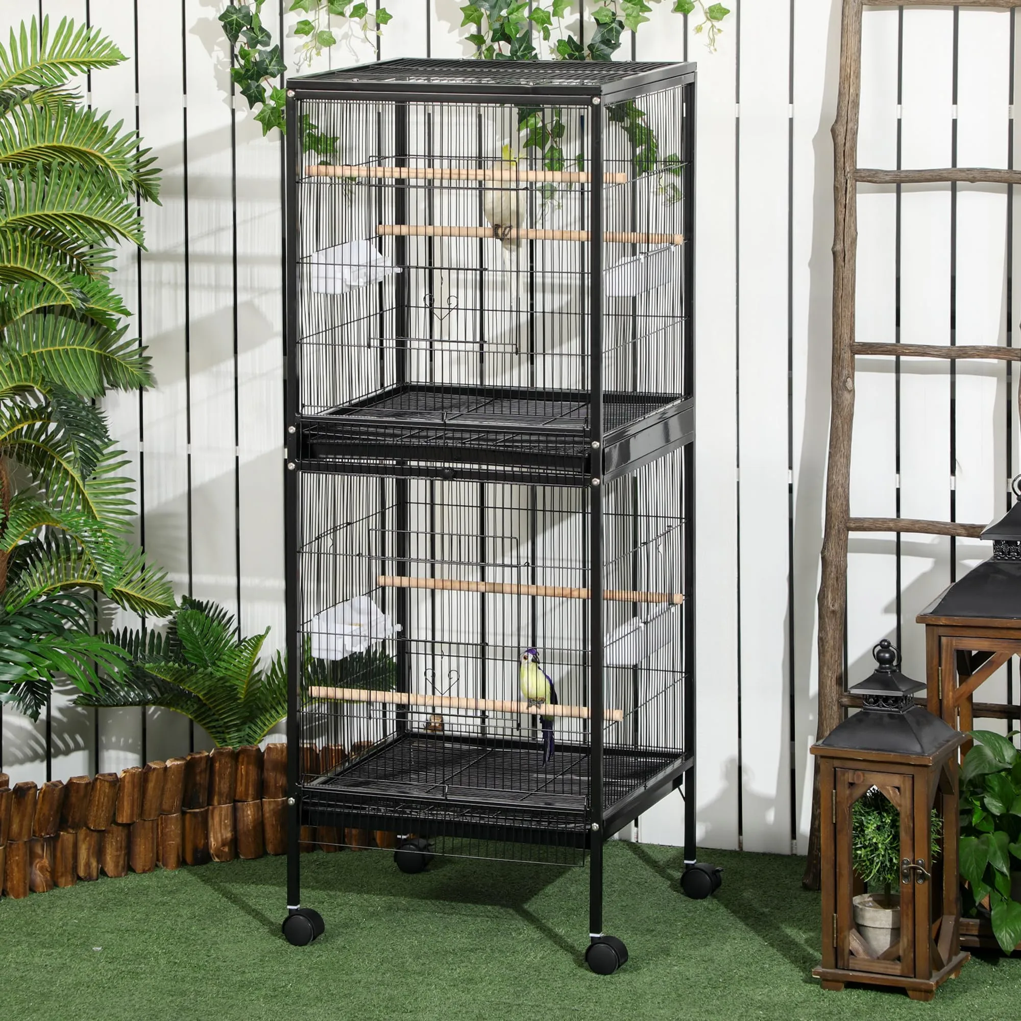 PawHut Gabbia per Uccelli 2 in 1 Voliera per Interni, Nero, 52 x 50 x 140 cm - immagine 2