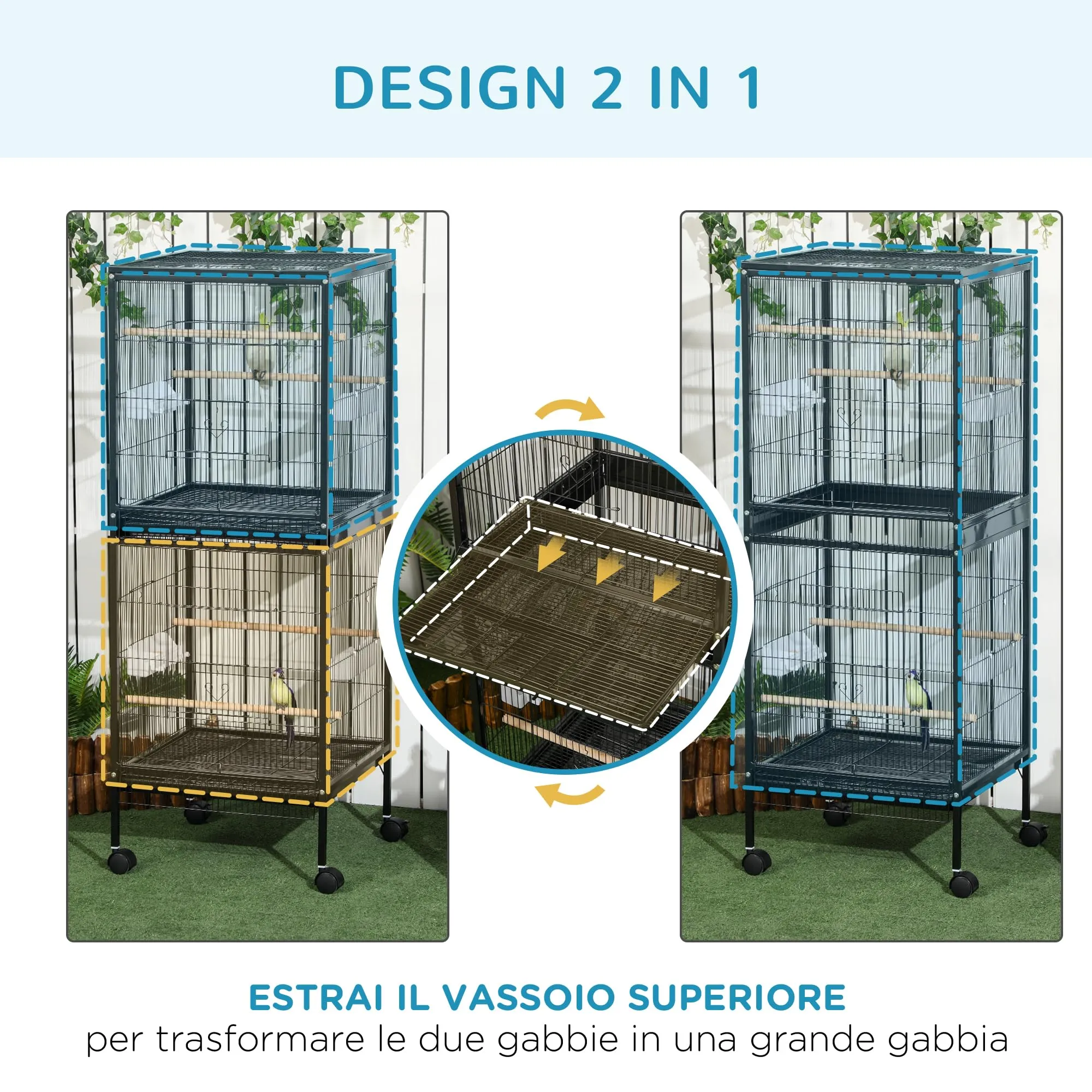 PawHut Gabbia per Uccelli 2 in 1 Voliera per Interni, Nero, 52 x 50 x 140 cm - immagine 3