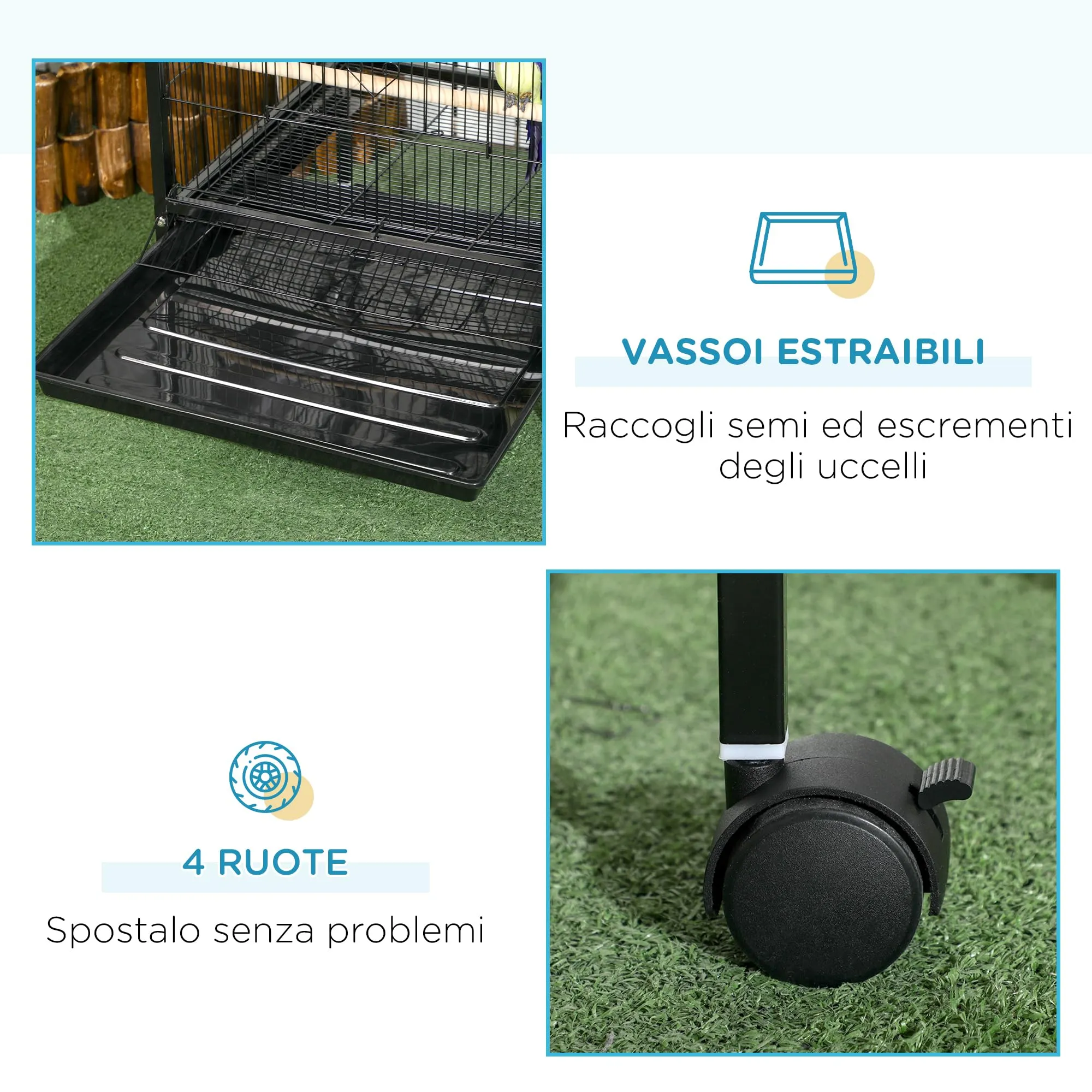 PawHut Gabbia per Uccelli 2 in 1 Voliera per Interni, Nero, 52 x 50 x 140 cm - immagine 5
