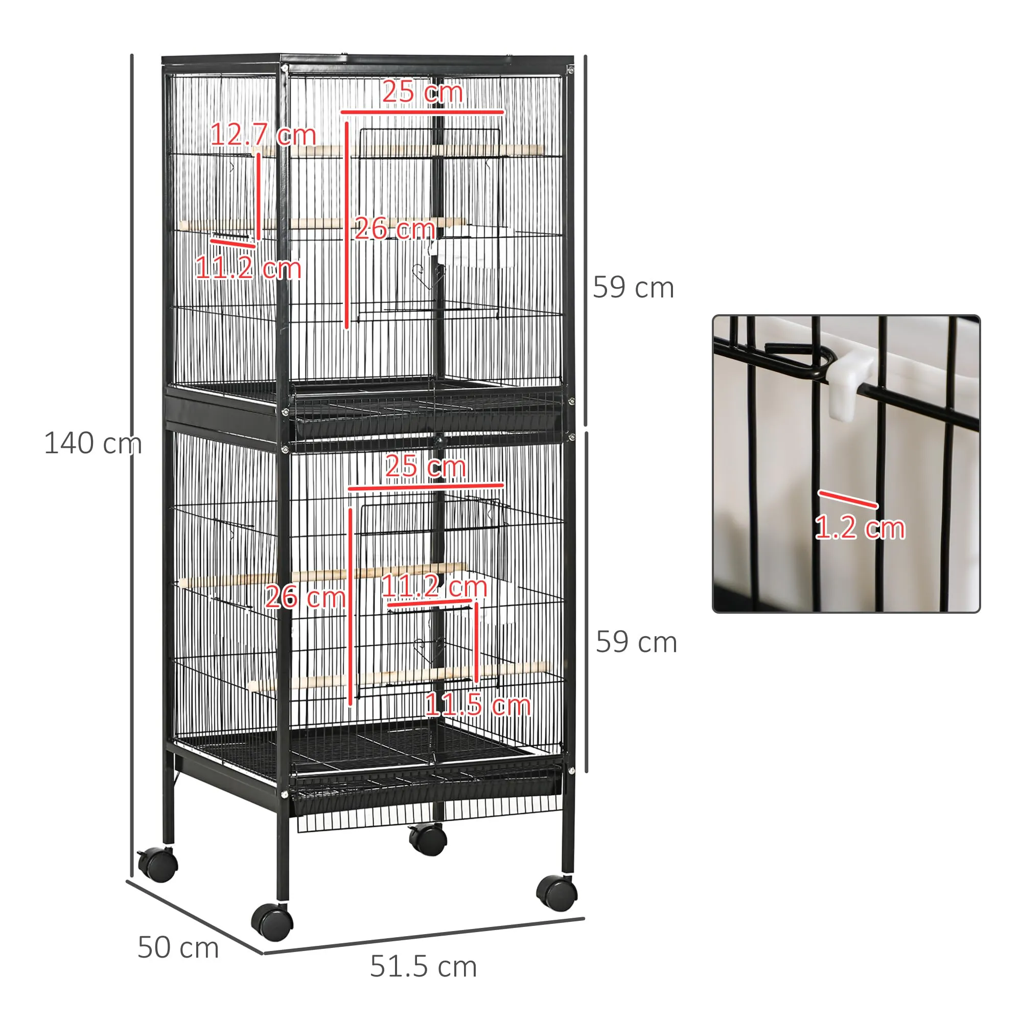 PawHut Gabbia per Uccelli 2 in 1 Voliera per Interni, Nero, 52 x 50 x 140 cm - immagine 7