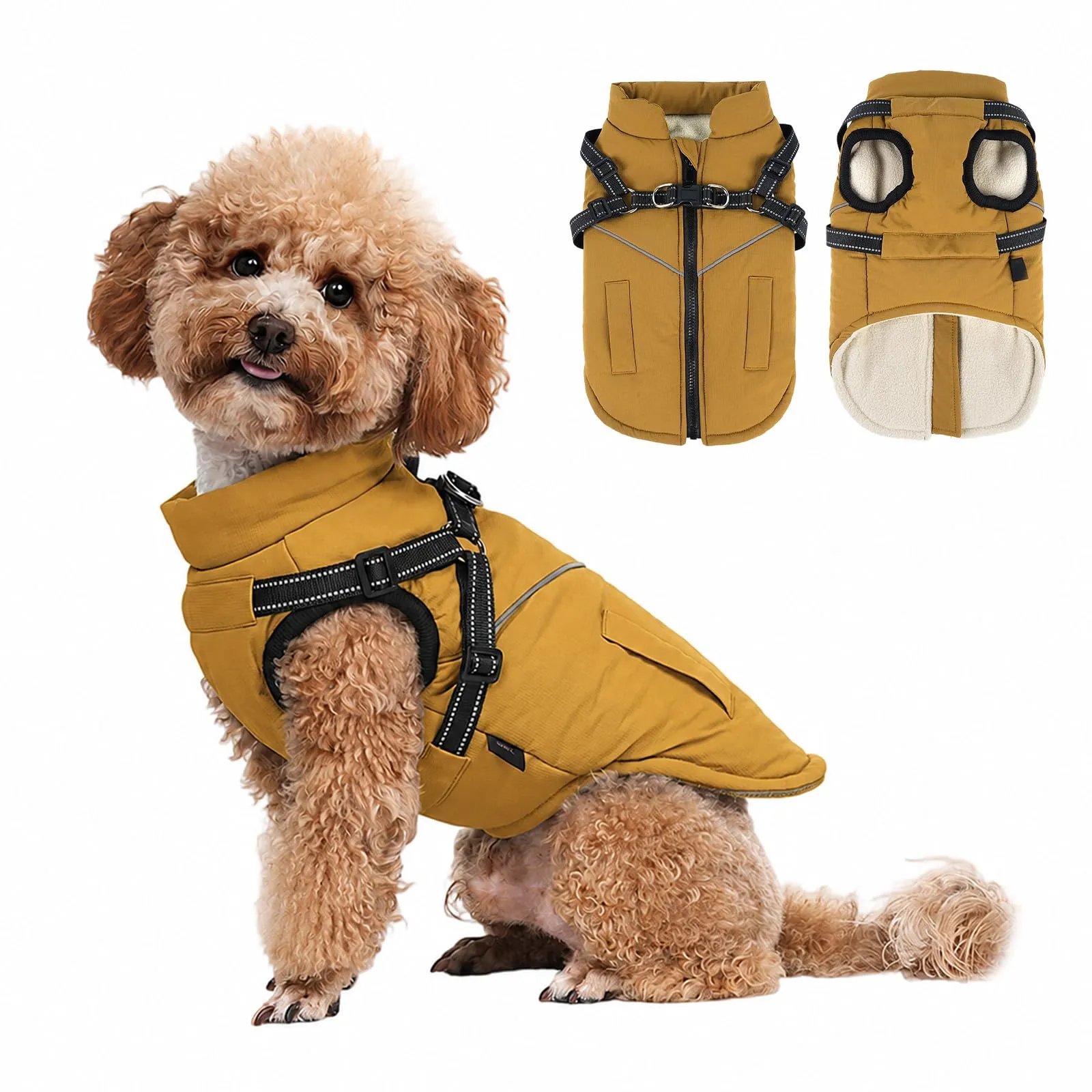 DoggieKit Cappotto Invernale Impermeabile per Cani con Pettorina 2 in 1, Giallo Ruggine, Taglia M - immagine 1