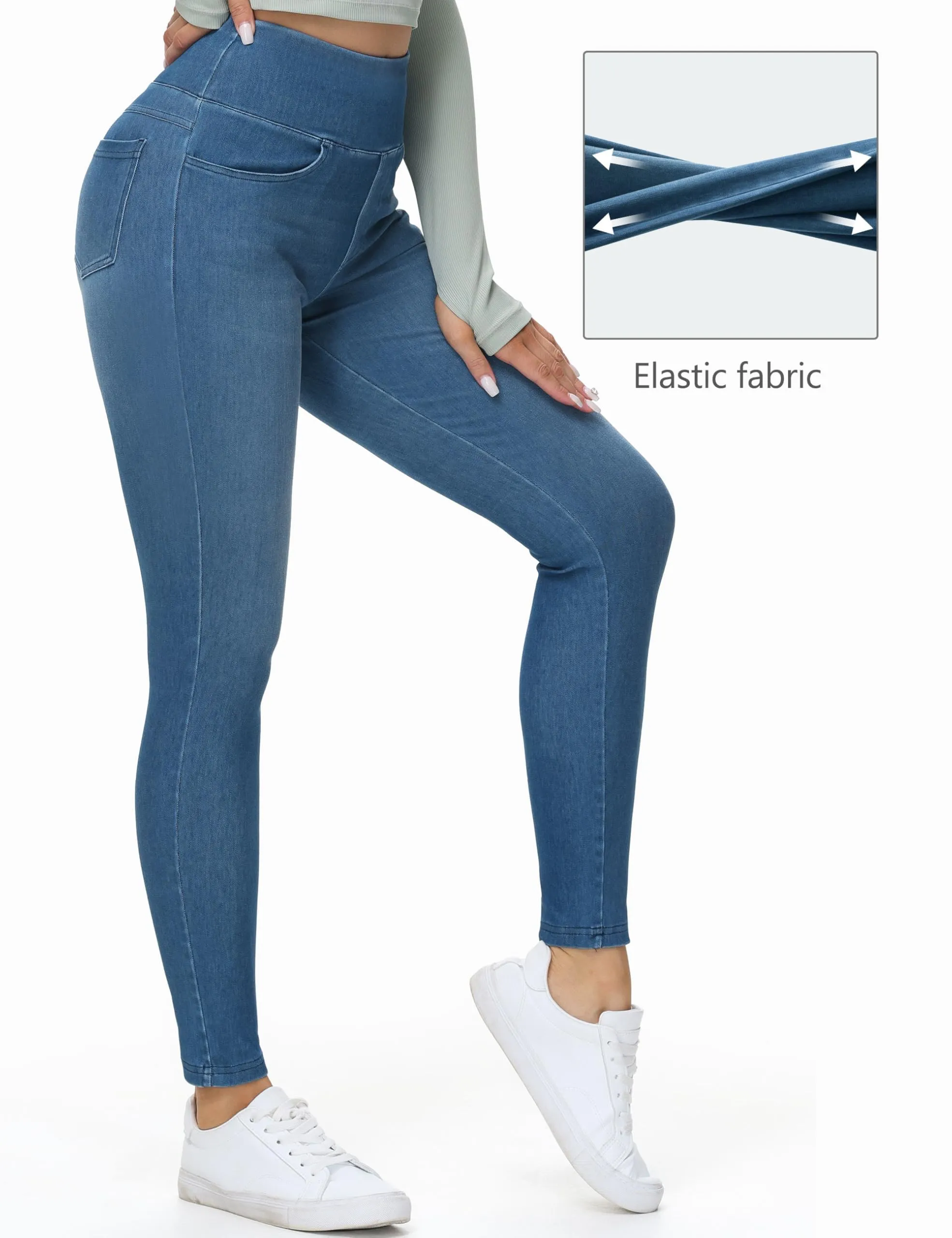The Gym People Jeggings da donna a vita alta, Pantaloni elasticizzati skinny jeans con tasche, Blu denim, 4XL - immagine 4