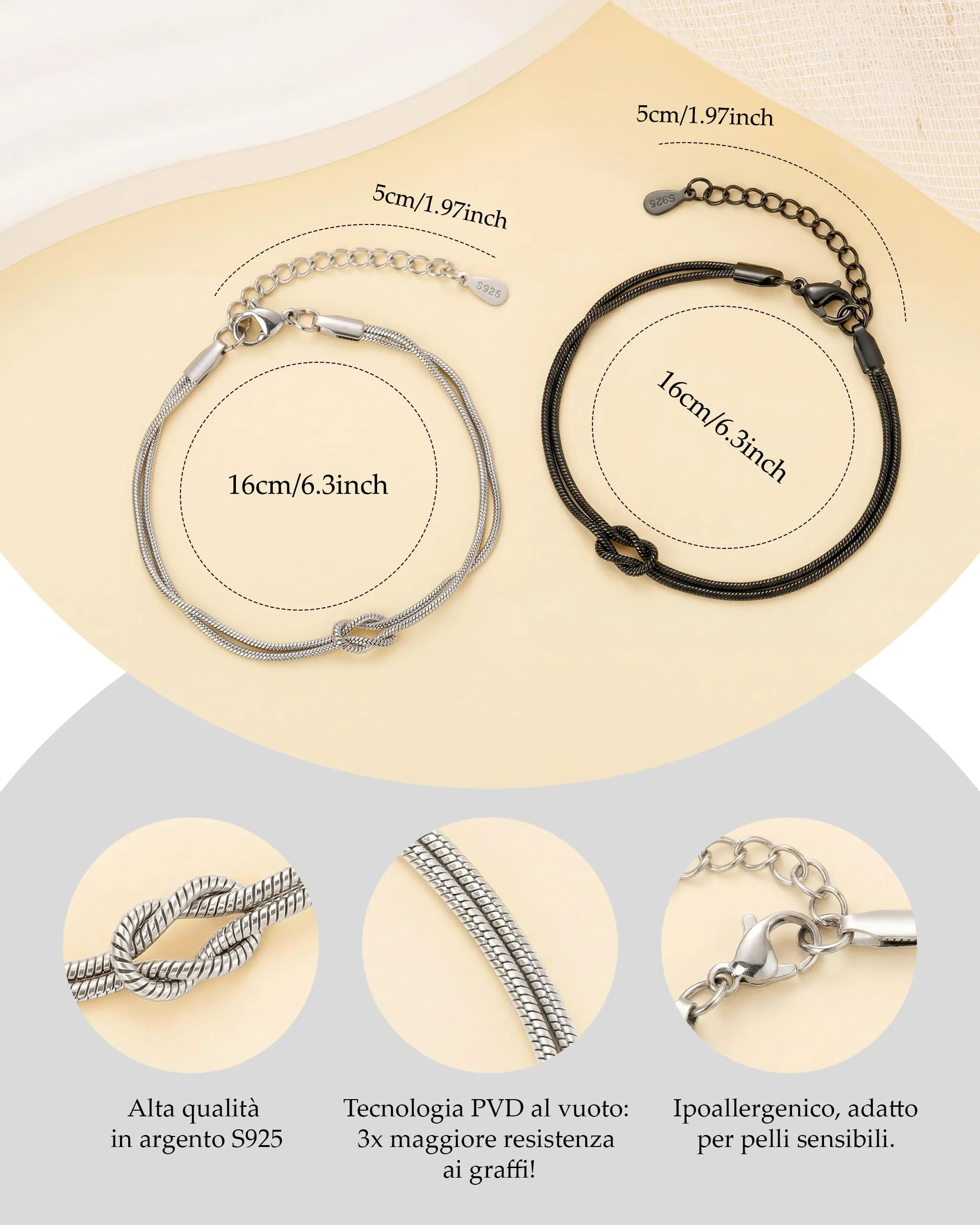 J.Fée Set di 2 Bracciali Nodo in Argento 925, Nero-Argento - immagine 5