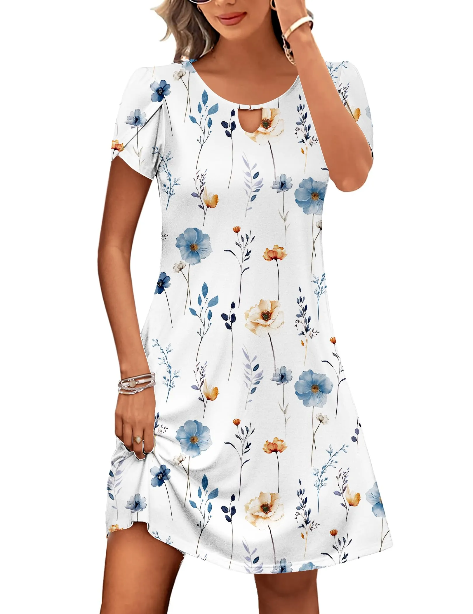 Zeagoo Abito Casual da Donna Floreale a Maniche Corte, Bianco, S - immagine 1