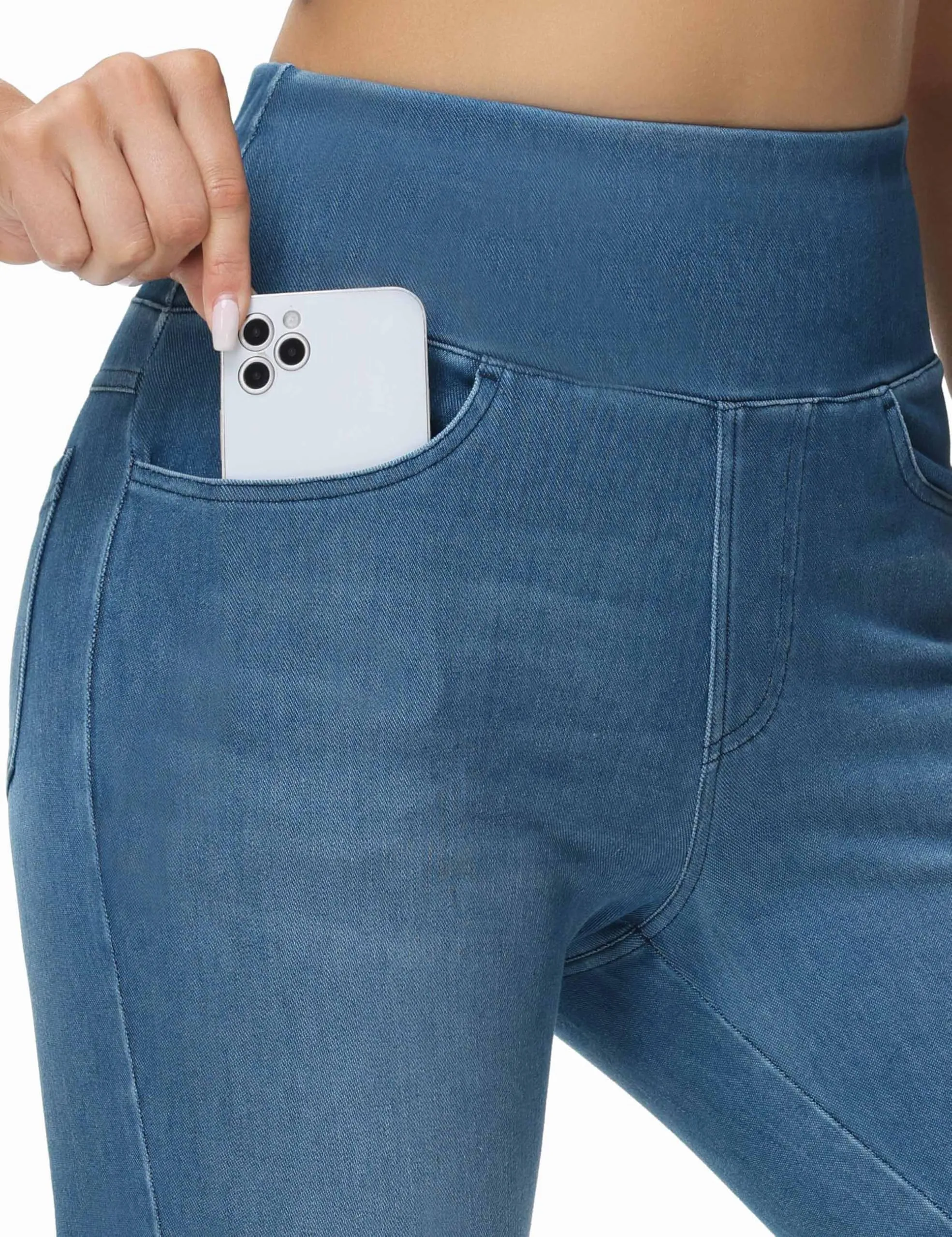 THE GYM PEOPLE Jeggings da donna a vita alta, pantaloni elasticizzati controllo pancia skinny jeans leggings con tasche, Blu denim, XS - immagine 3