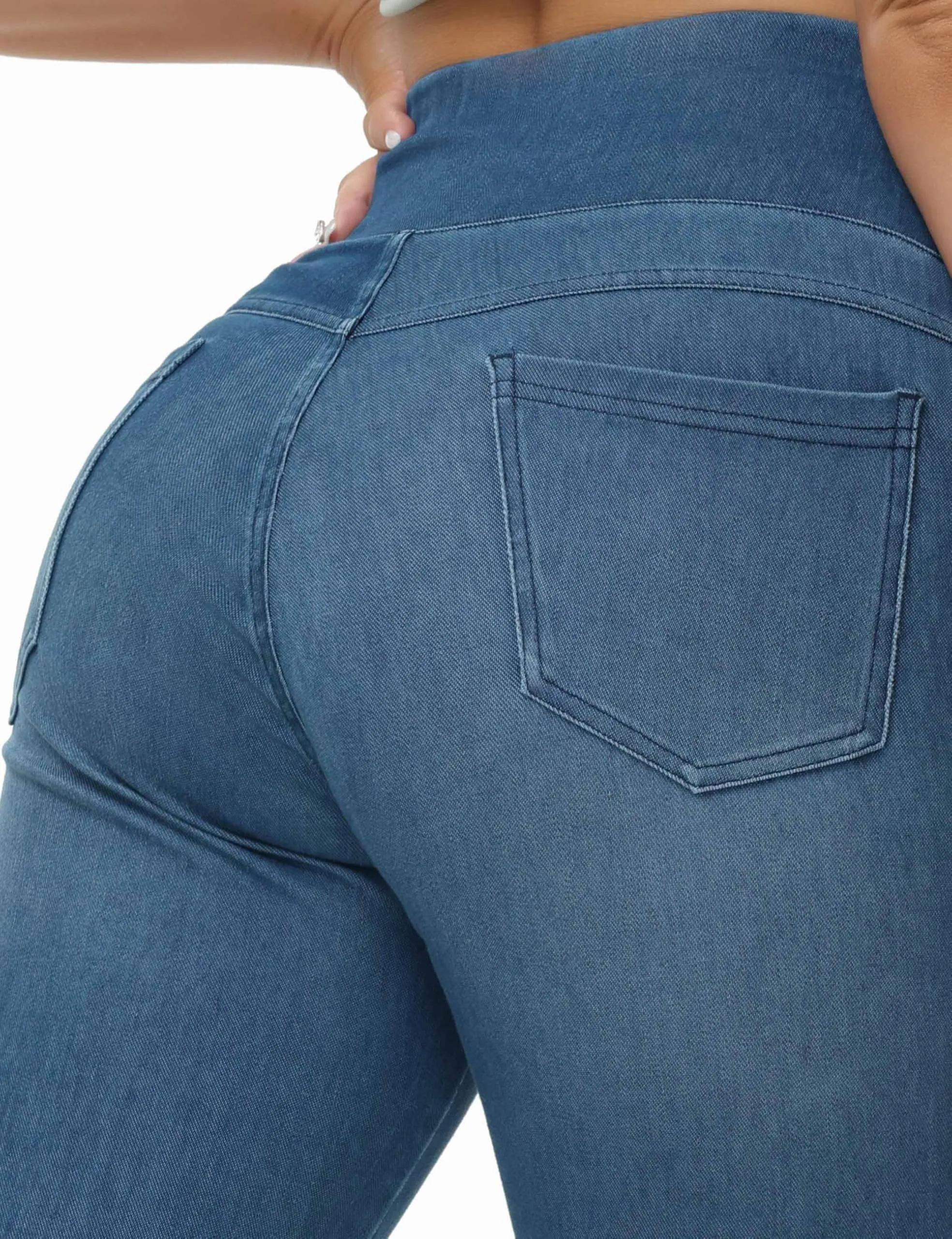 THE GYM PEOPLE Jeggings da donna a vita alta, pantaloni elasticizzati controllo pancia skinny jeans leggings con tasche, Blu denim, XS - immagine 5