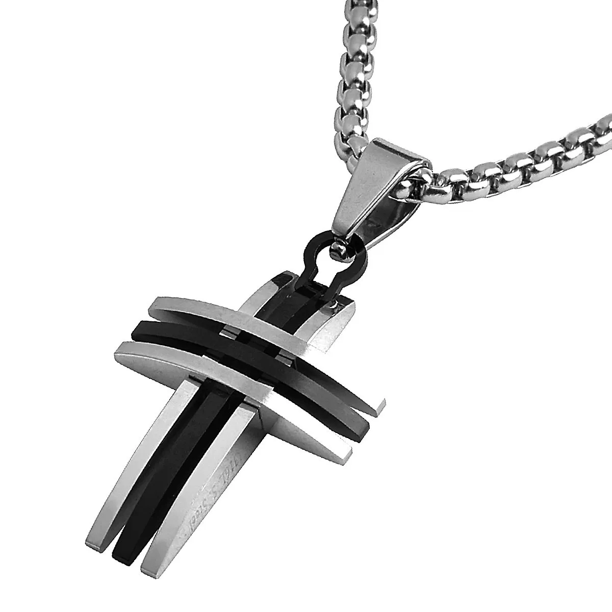 DonDon Collana Uomo con Ciondolo Croce Triplo Curvo Bicolore in Acciaio Inox, 52 cm, Argento - immagine 1