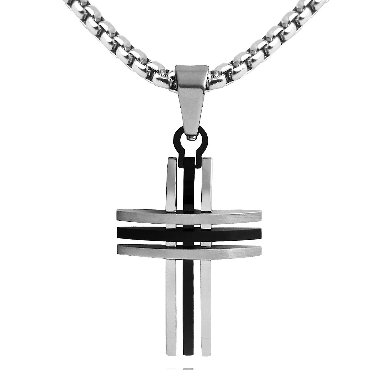 DonDon Collana Uomo con Ciondolo Croce Triplo Curvo Bicolore in Acciaio Inox, 52 cm, Argento - immagine 2