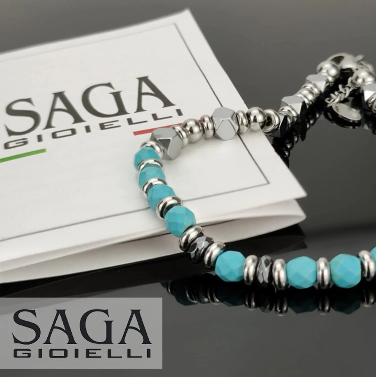 SAGA GIOIELLI Bracciale Uomo Pietre Dure Quadrelli Acciaio Turchese - immagine 3