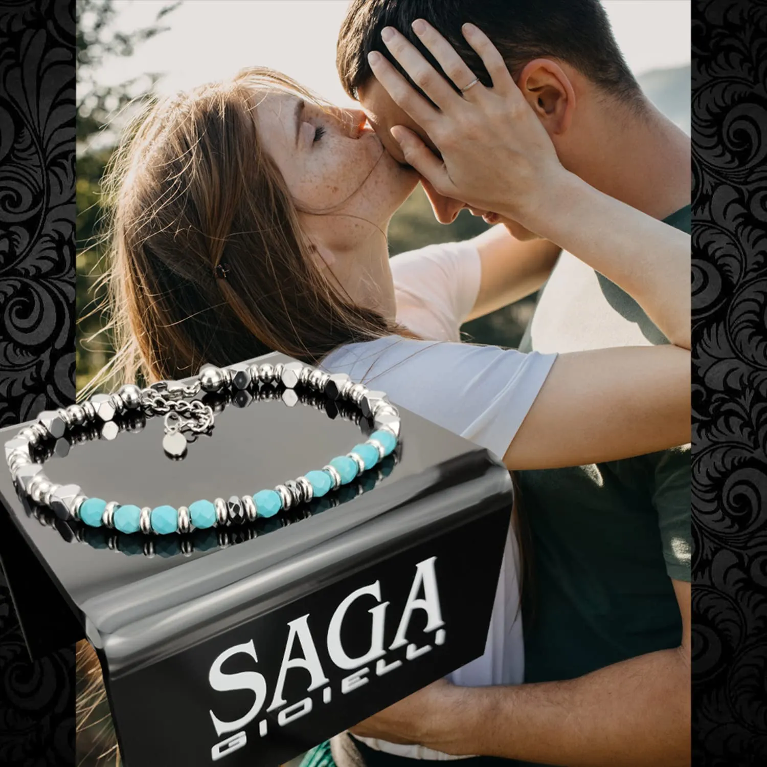 SAGA GIOIELLI Bracciale Uomo Pietre Dure Quadrelli Acciaio Turchese - immagine 4