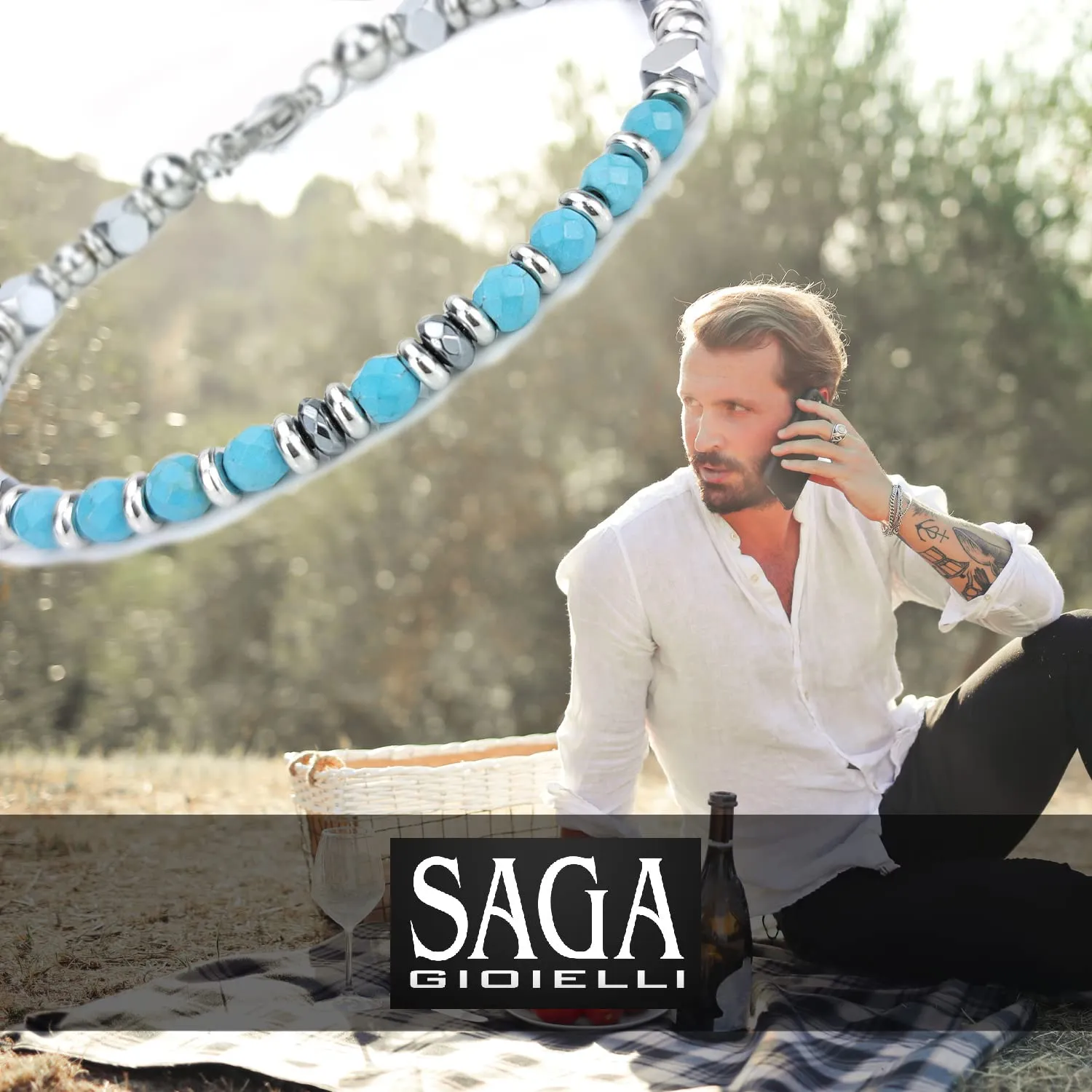 SAGA GIOIELLI Bracciale Uomo Pietre Dure Quadrelli Acciaio Turchese - immagine 5