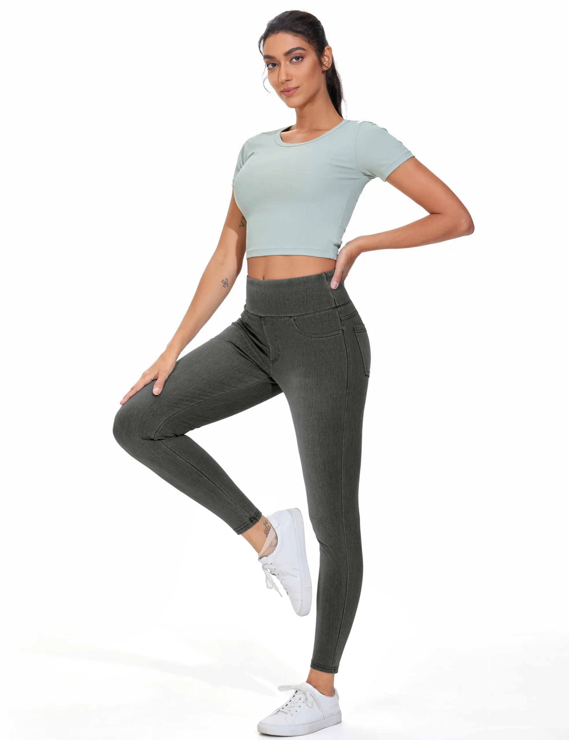 THE GYM PEOPLE Jeggings da donna a vita alta, pantaloni elasticizzati controllo pancia skinny jeans leggings con tasche, Nero e grigio, 3XL - immagine 7