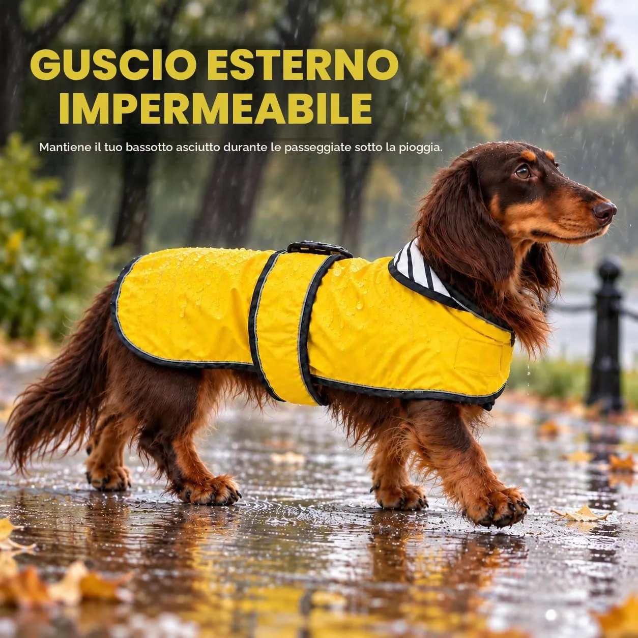 Morezi Cappotto Impermeabile per Bassotti e Cani a Schiena Lunga con Striscia Riflettente e Foro per Imbracatura - immagine 2