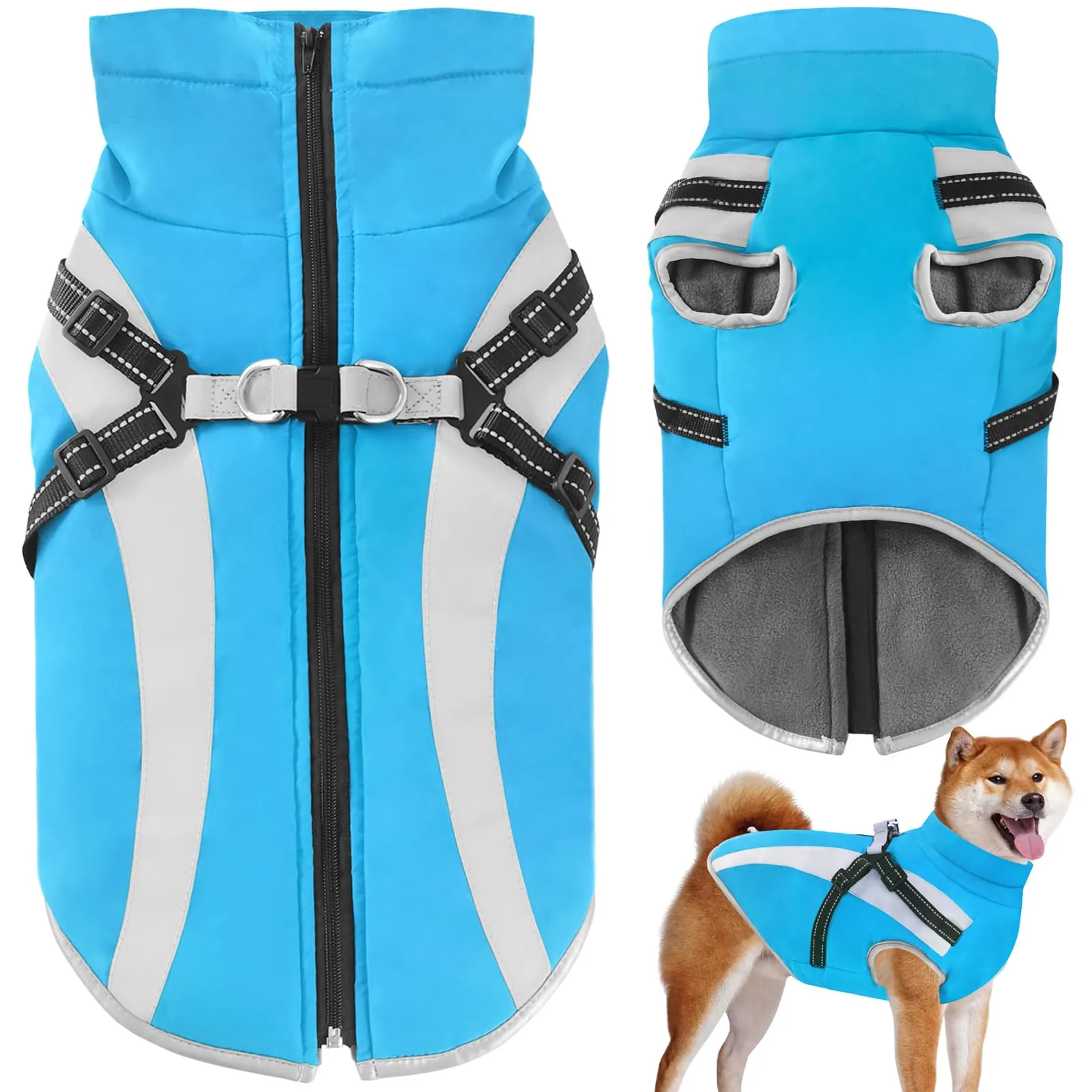 Oslueidy Cappotto Impermeabile per Cane con Harness, Giacca Invernale Antivento, 3XL, Blu - immagine 1