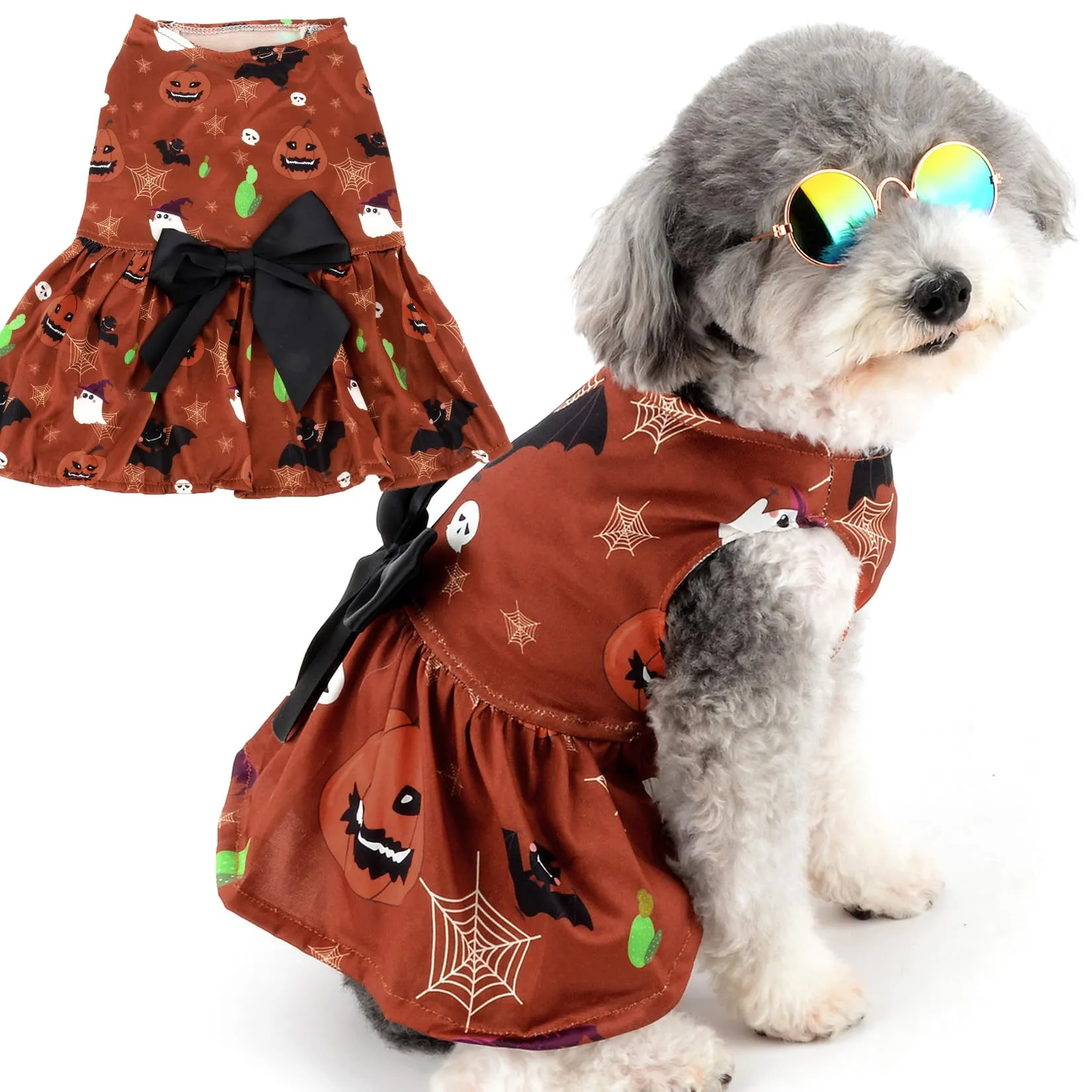 Zunea Costume di Halloween per cani di piccola taglia e gatti, stampa zucca fantasmi e pipistrello, gonna morbida con fiocco - immagine 1