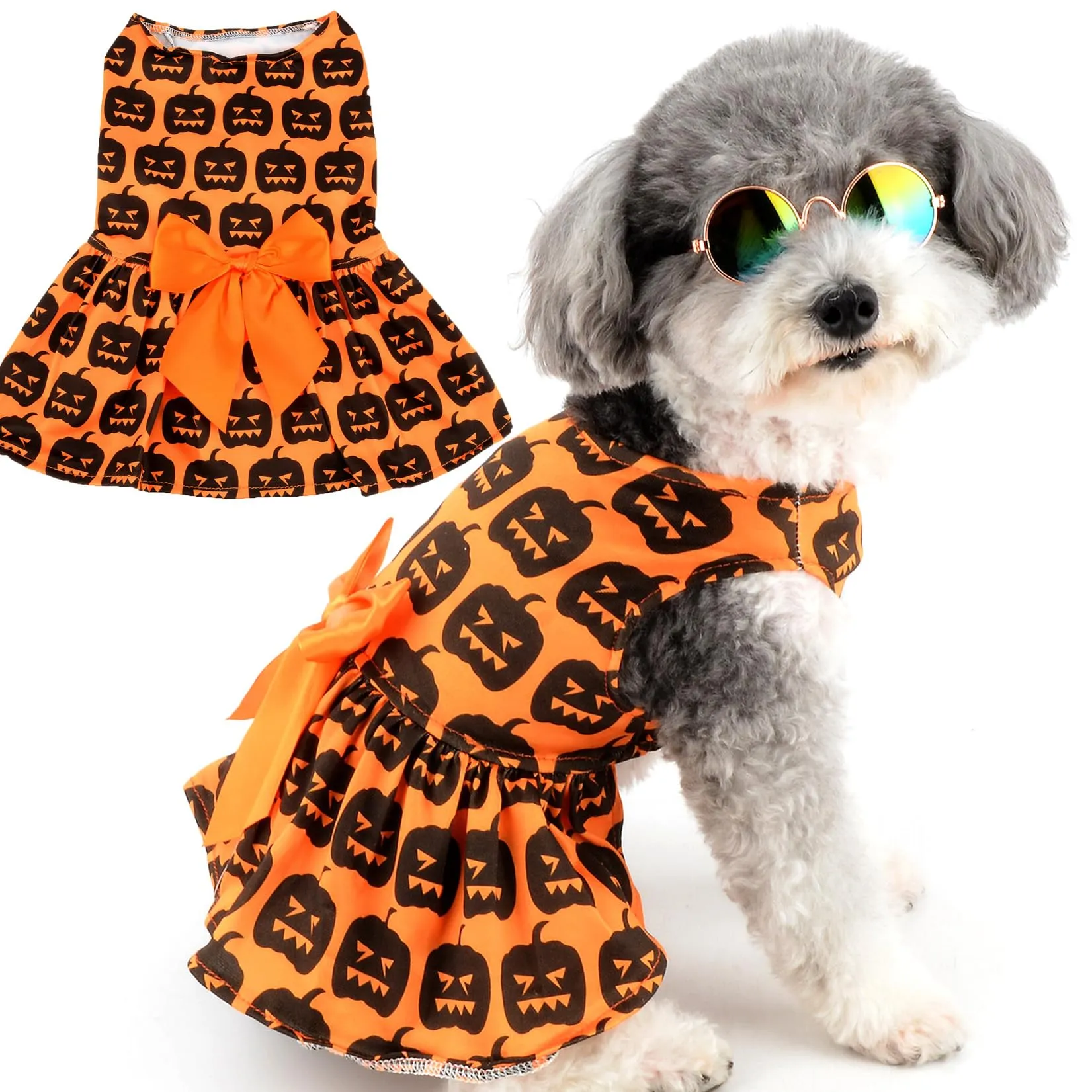 Zunea Abiti di Halloween per Cani di Piccola Taglia e Gatti, Stampa Zucca con Fiocco, Vestito Elegante per Animali Domestici - immagine 1