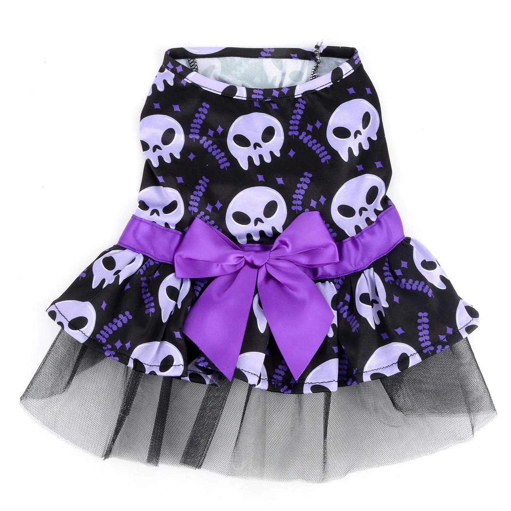 Zunea Costume di Halloween per cani e gatti di piccola taglia, gonna in pizzo con fiocco, disegno teschi - immagine 3