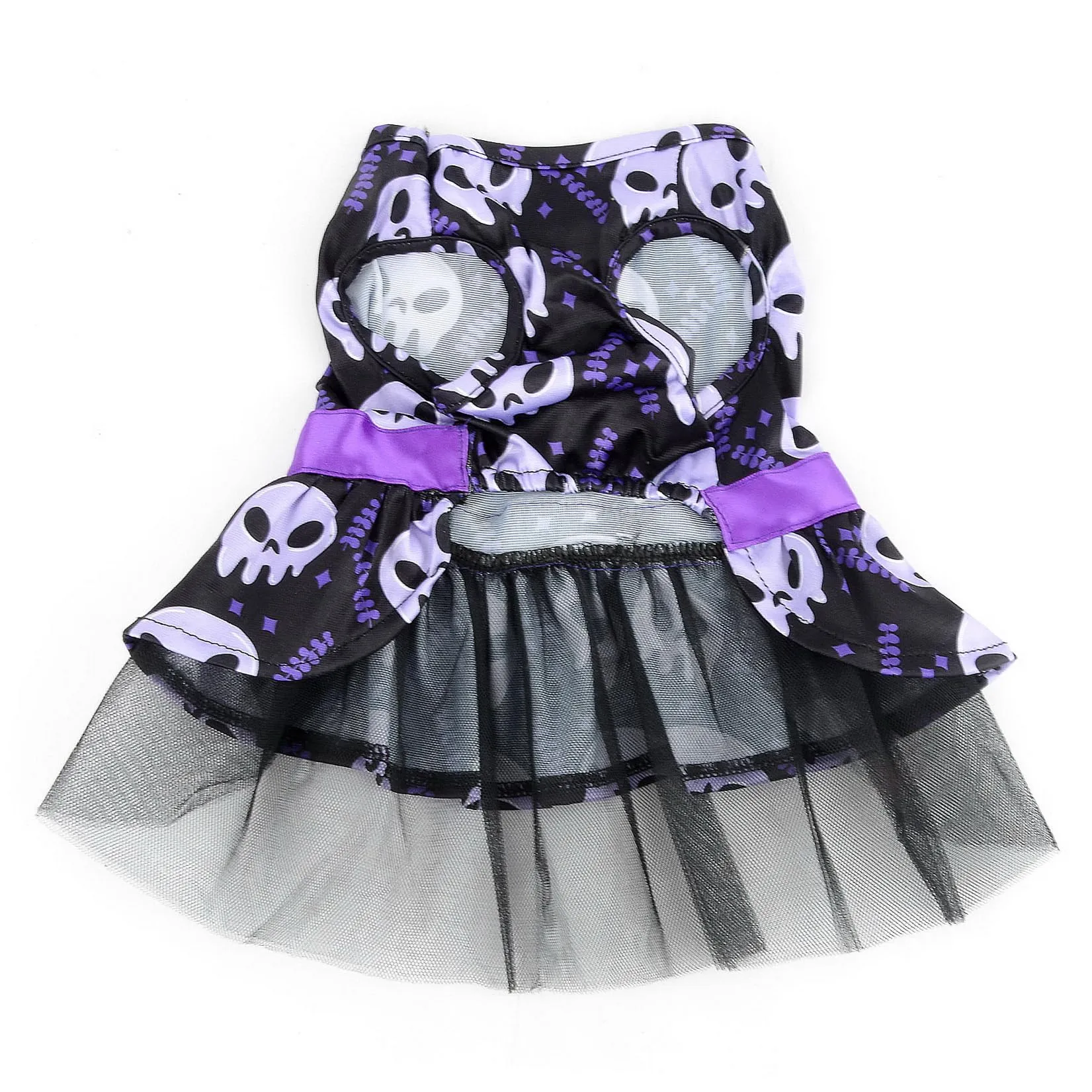 Zunea Costume di Halloween per cani e gatti di piccola taglia, gonna in pizzo con fiocco, disegno teschi - immagine 4