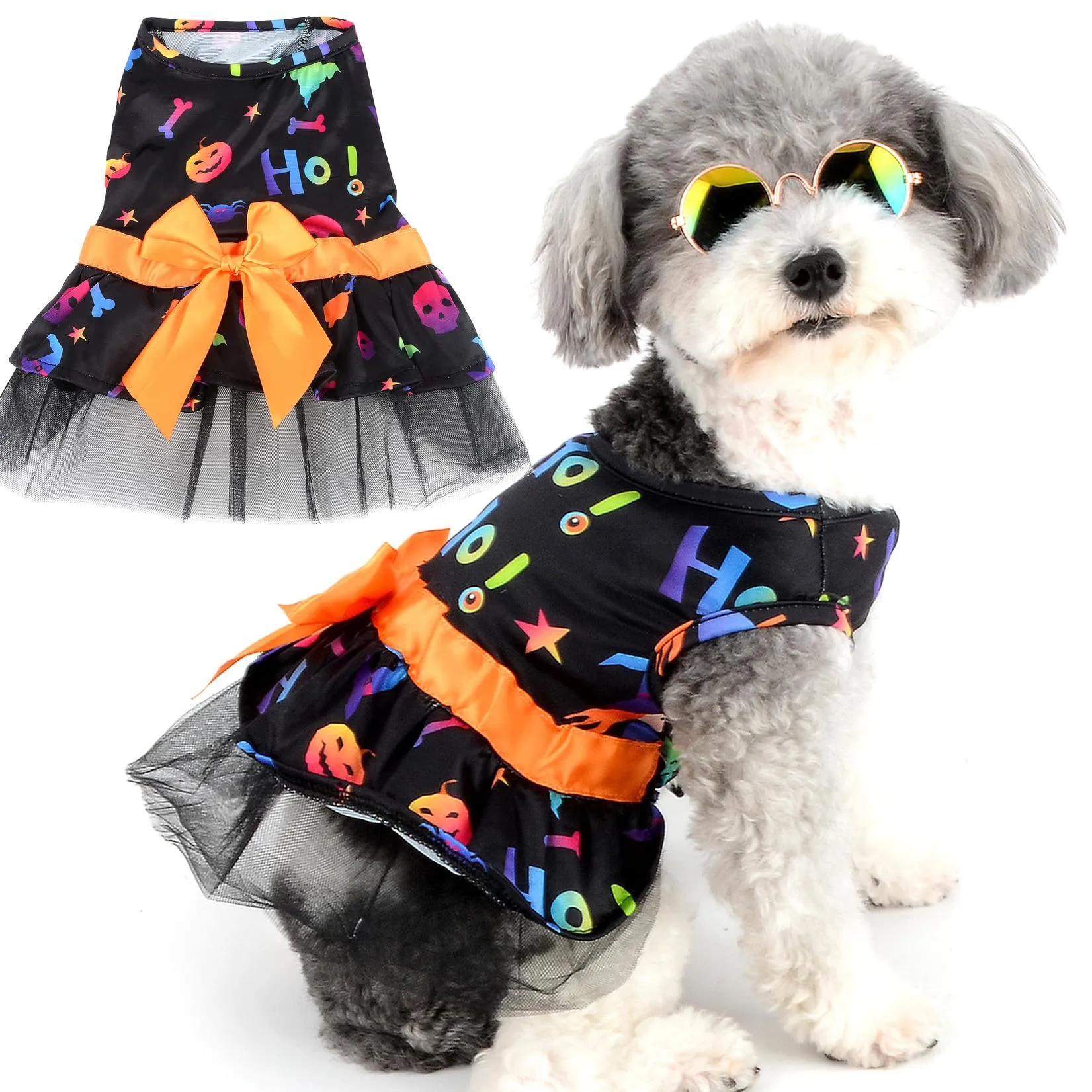 Zunea Costumi di Halloween per cani e gatti di piccola taglia, gonna in pizzo a strati con fiocco e motivi a zucca, teschi e pipistrelli - immagine 1