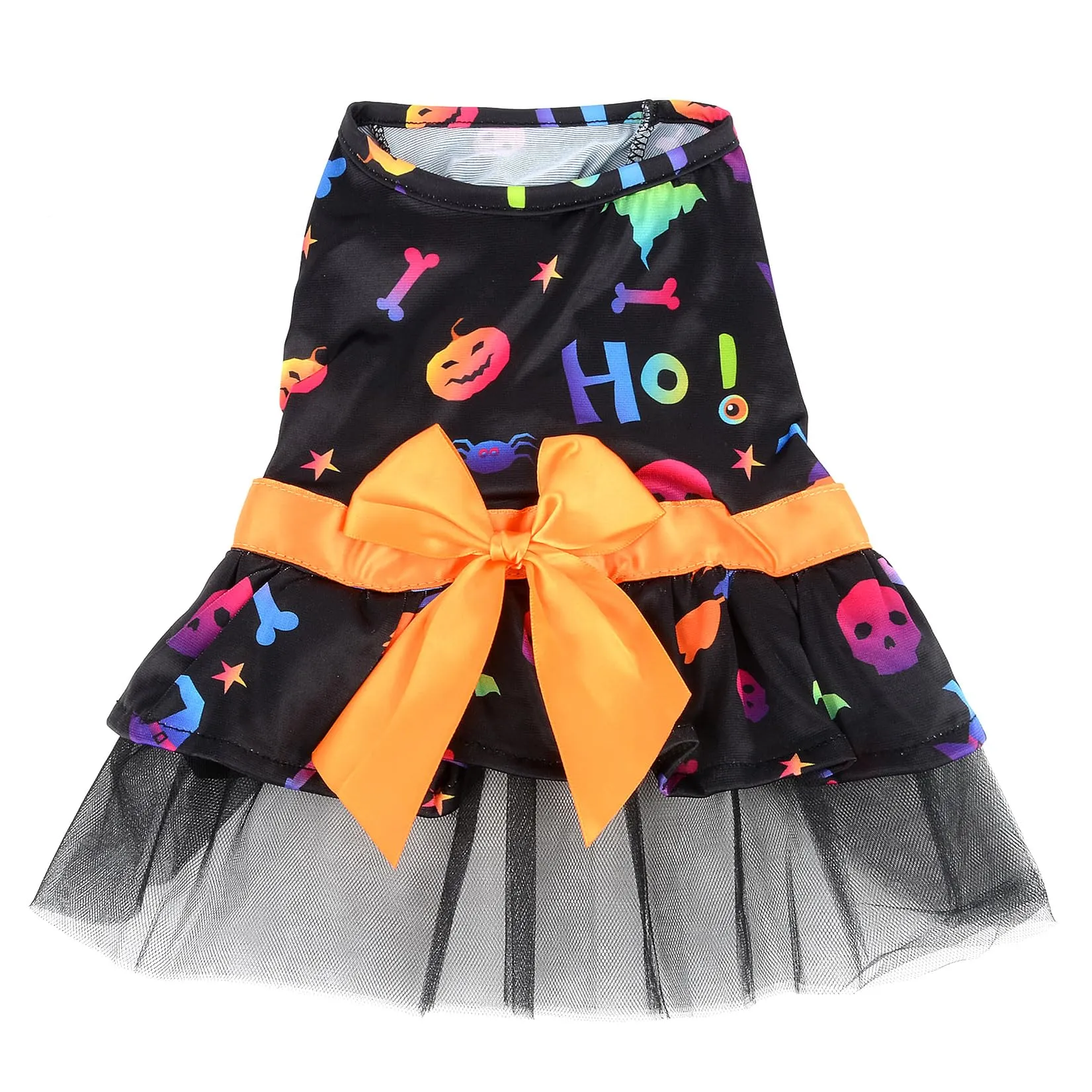 Zunea Costumi di Halloween per cani e gatti di piccola taglia, gonna in pizzo a strati con fiocco e motivi a zucca, teschi e pipistrelli - immagine 4