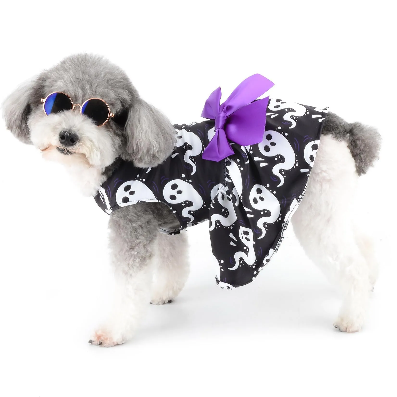 Zunea Costume di Halloween per Cani di Piccola Taglia e Gatti con Stampa Fantasmi, Nero Taglia S - immagine 2
