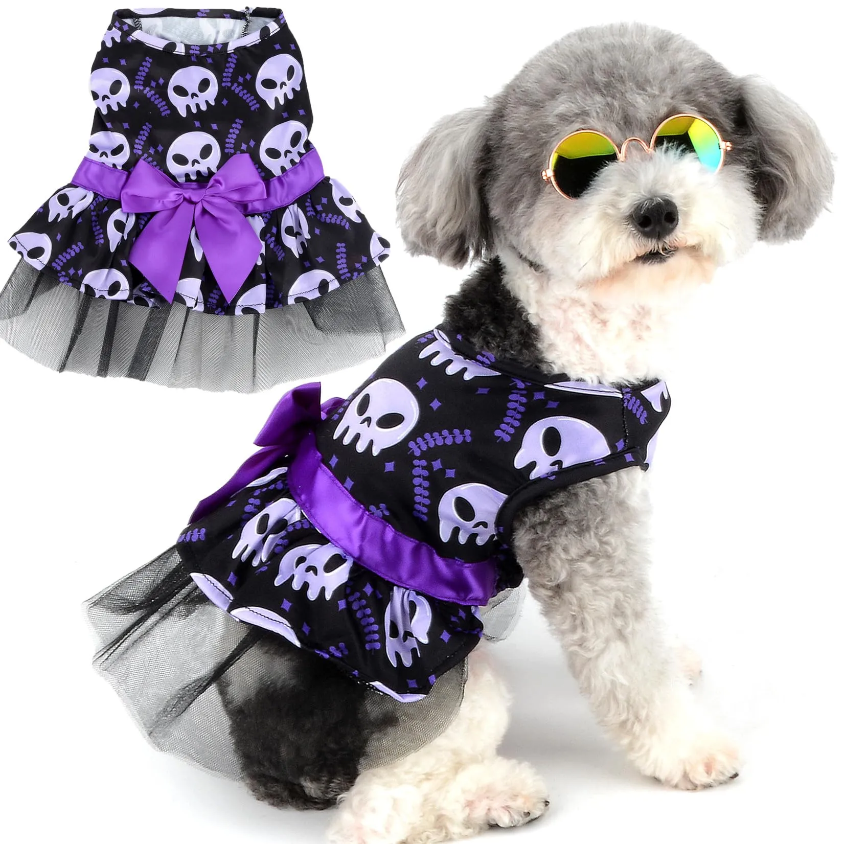 Zunea Costume di Halloween per cani e gatti di piccola taglia, gonna in pizzo a strati con fiocco, nero, XL - immagine 1